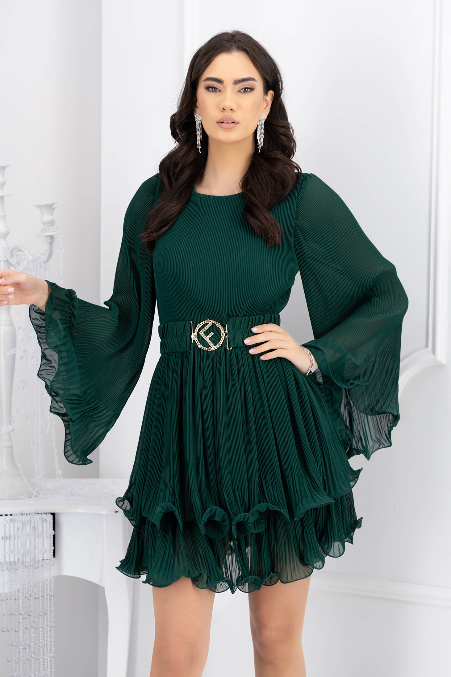 Rochie plisata din voal verde-inchis scurta in clos accesorizata cu cordon 1 - StarShinerS.ro
