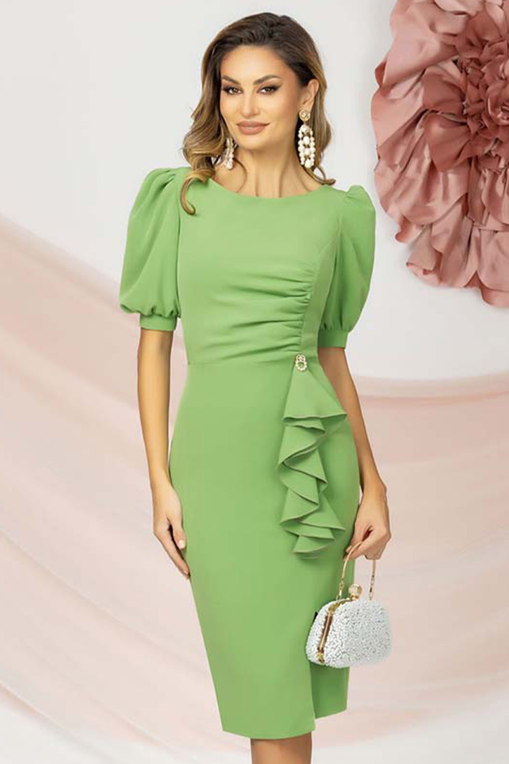 Rochie din stofa elastica verde-deschis pana la genunchi tip creion cu maneci bufante 1 - StarShinerS.ro