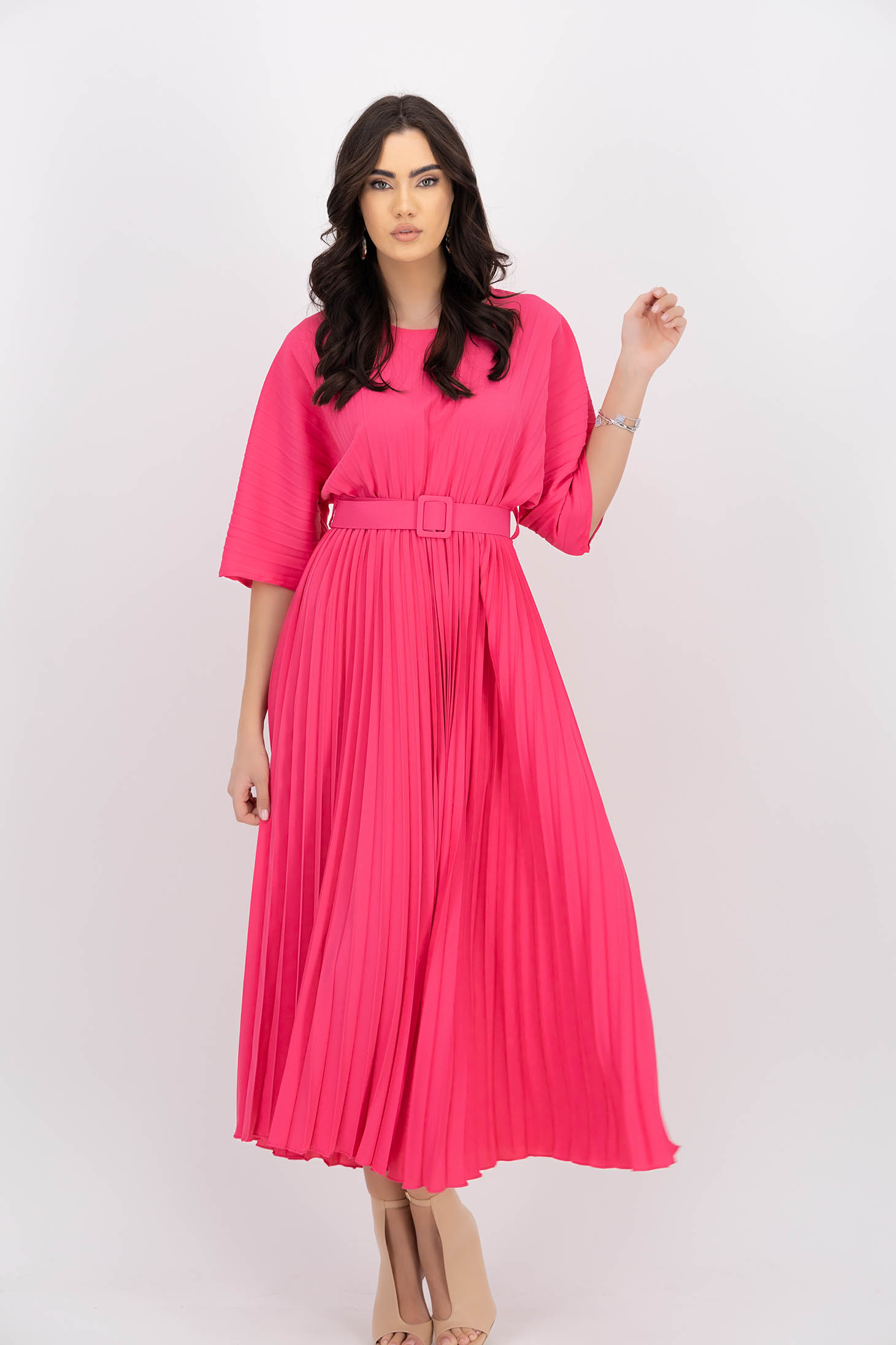 Pink rakott midi ruha, harang alakú gumirozott derékrésszel 1 - StarShinerS.hu