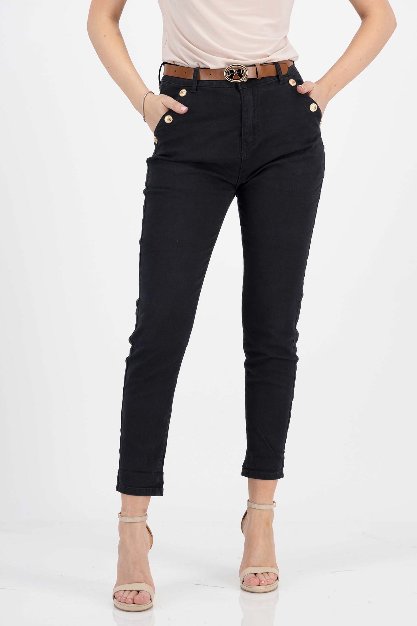 Blugi lungi negri skinny cu talie inalta si accesoriu tip curea 1 - StarShinerS.ro