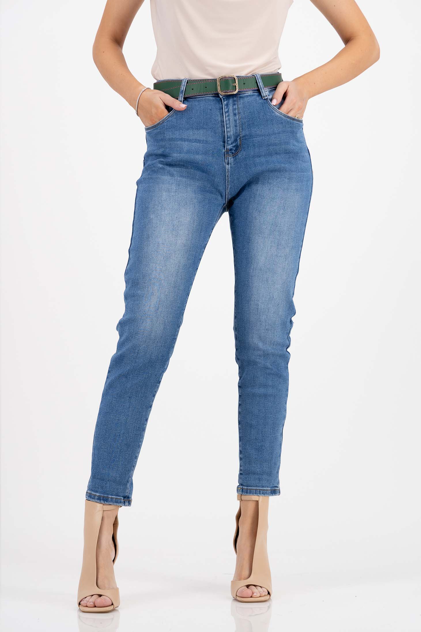 Blugi skinny lungi albastri cu talie inalta si accesoriu tip curea 1 - StarShinerS.ro
