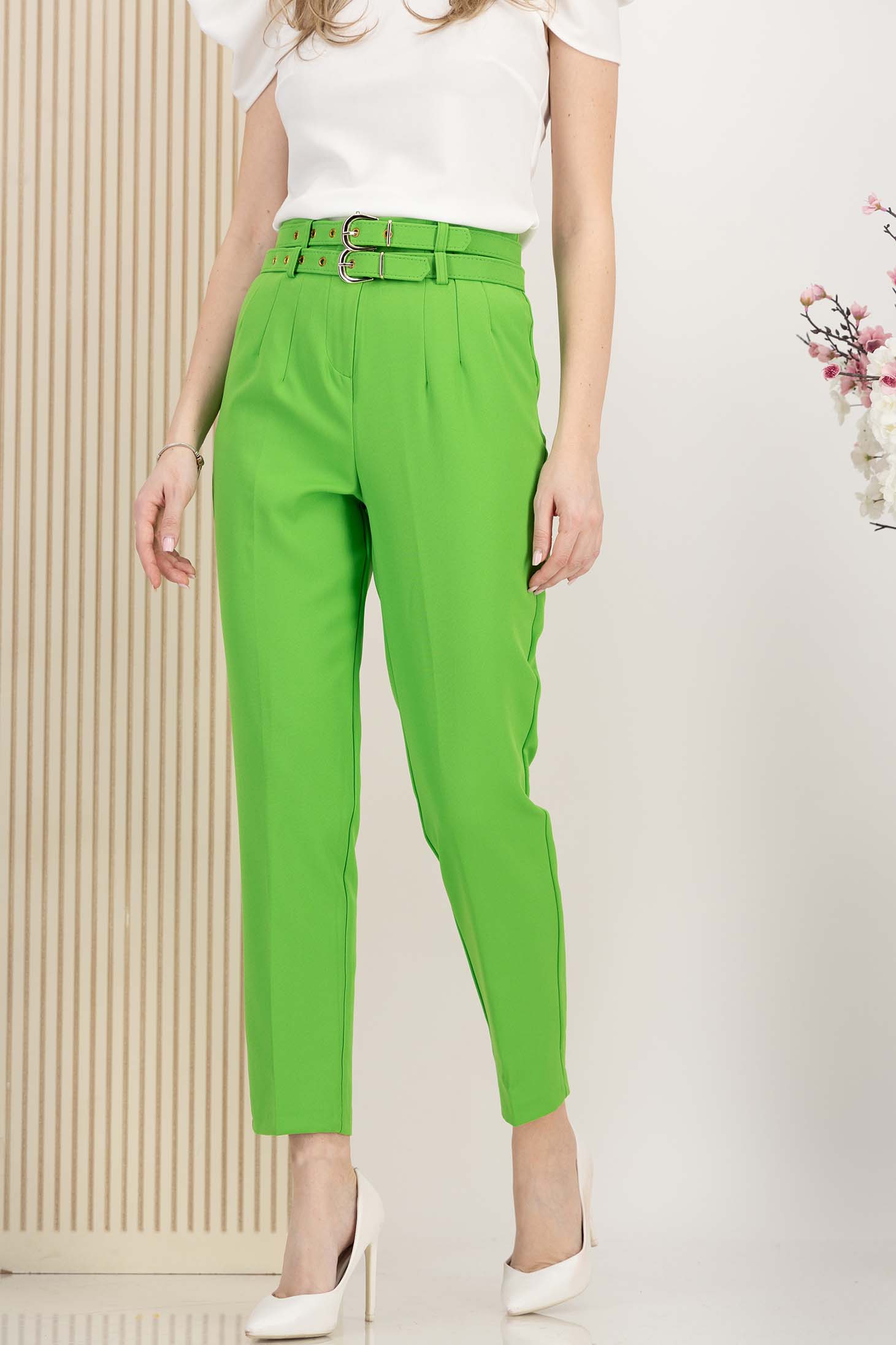 Pantaloni lungi din stofa elastica verzi cu un croi drept si accesorii tip curea 1 - StarShinerS.ro