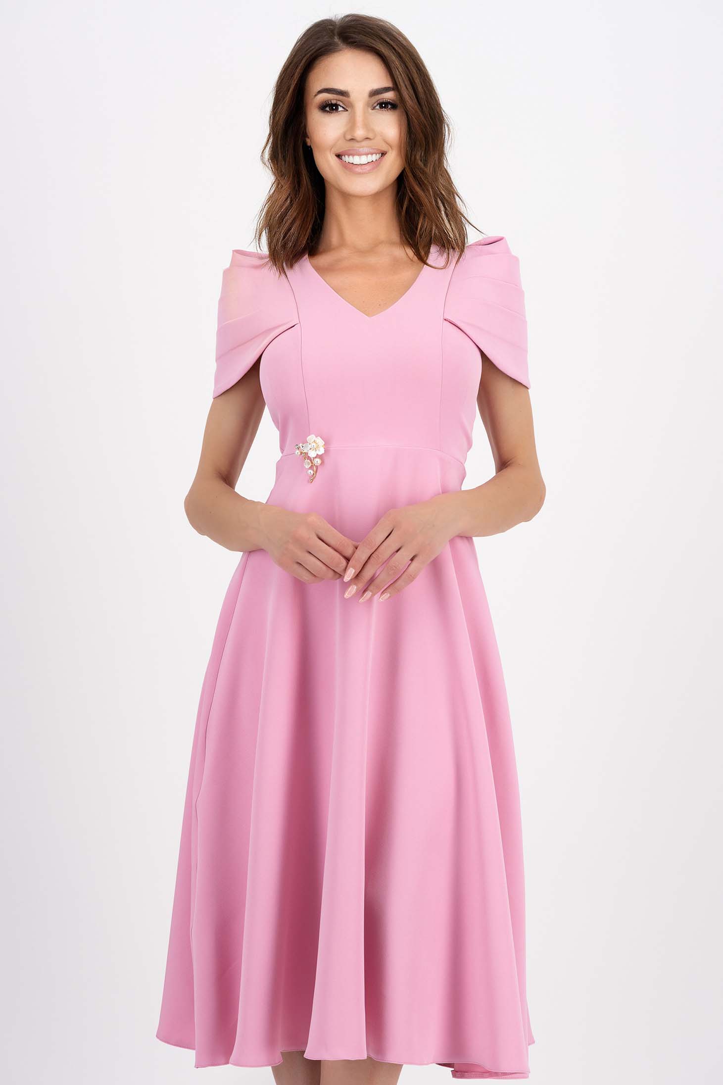 Világos rózsaszínű rugalmas szövet midi harang ruha 1 - StarShinerS.hu