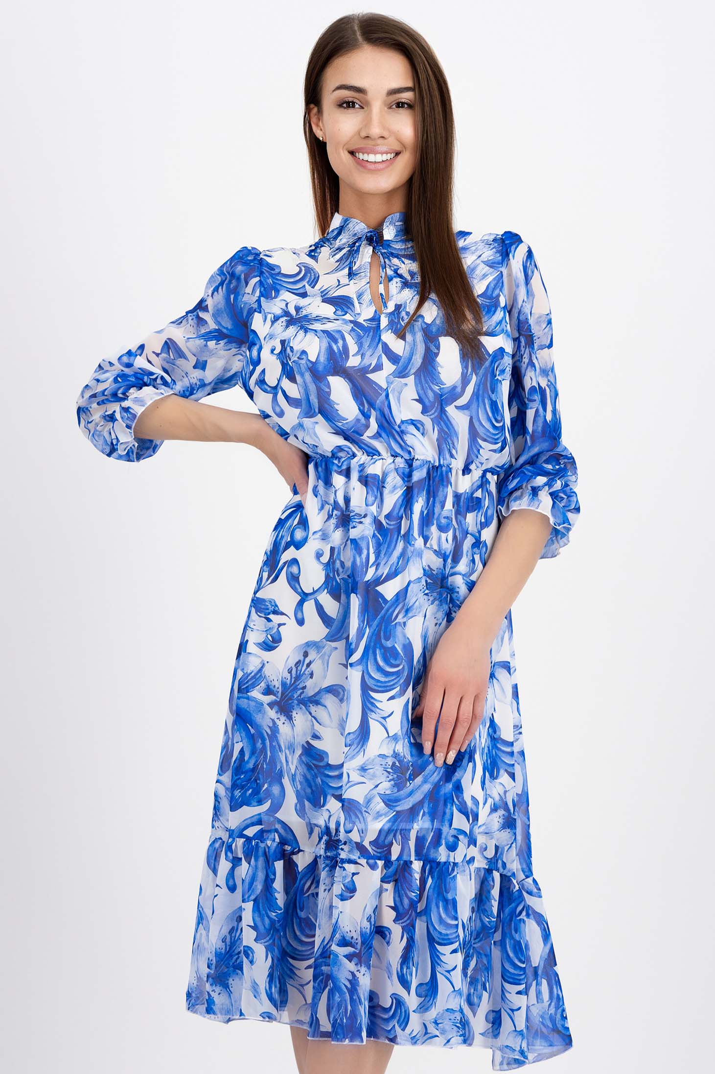 Kék muszlin midi ruha, harang alakú gumirozott derékrésszel 1 - StarShinerS.hu