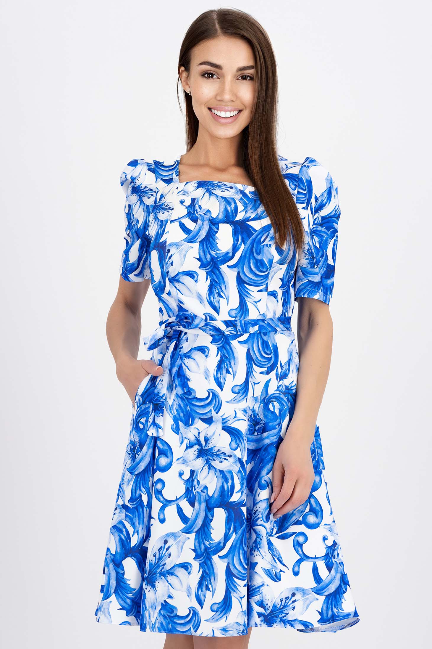 Virágmintás rugalmas szövet harang ruha, térdigérő 1 - StarShinerS.hu