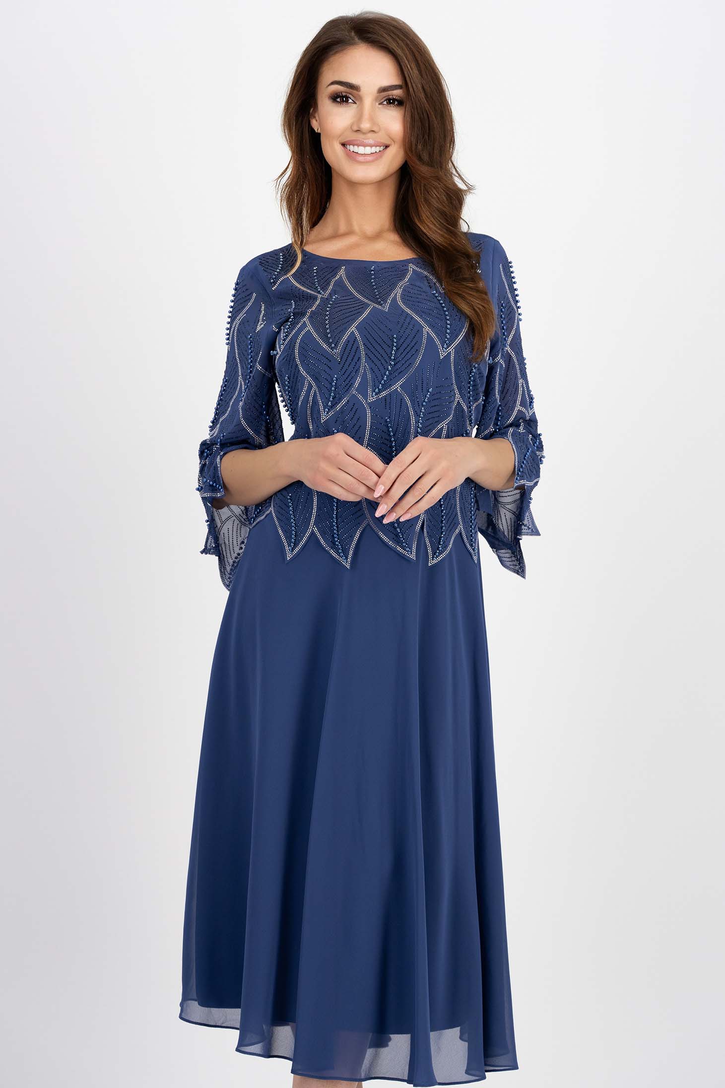 Rochie din voal albastru petrol midi in clos cu inscriptii din pietre strass 1 - StarShinerS.ro