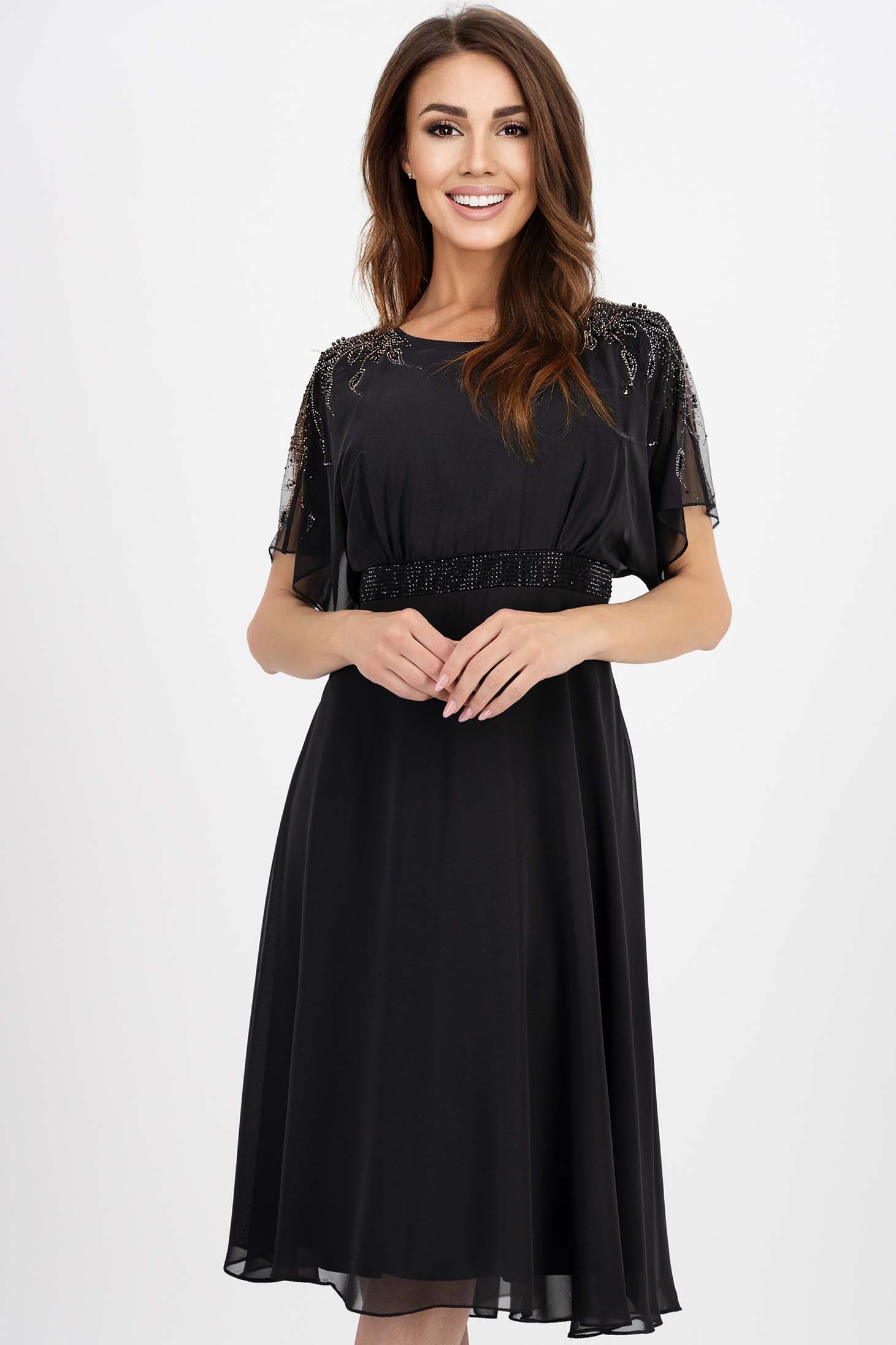 Rochie din voal neagra midi in clos cu aplicatii cu pietre strass si maneci cazute 1 - StarShinerS.ro