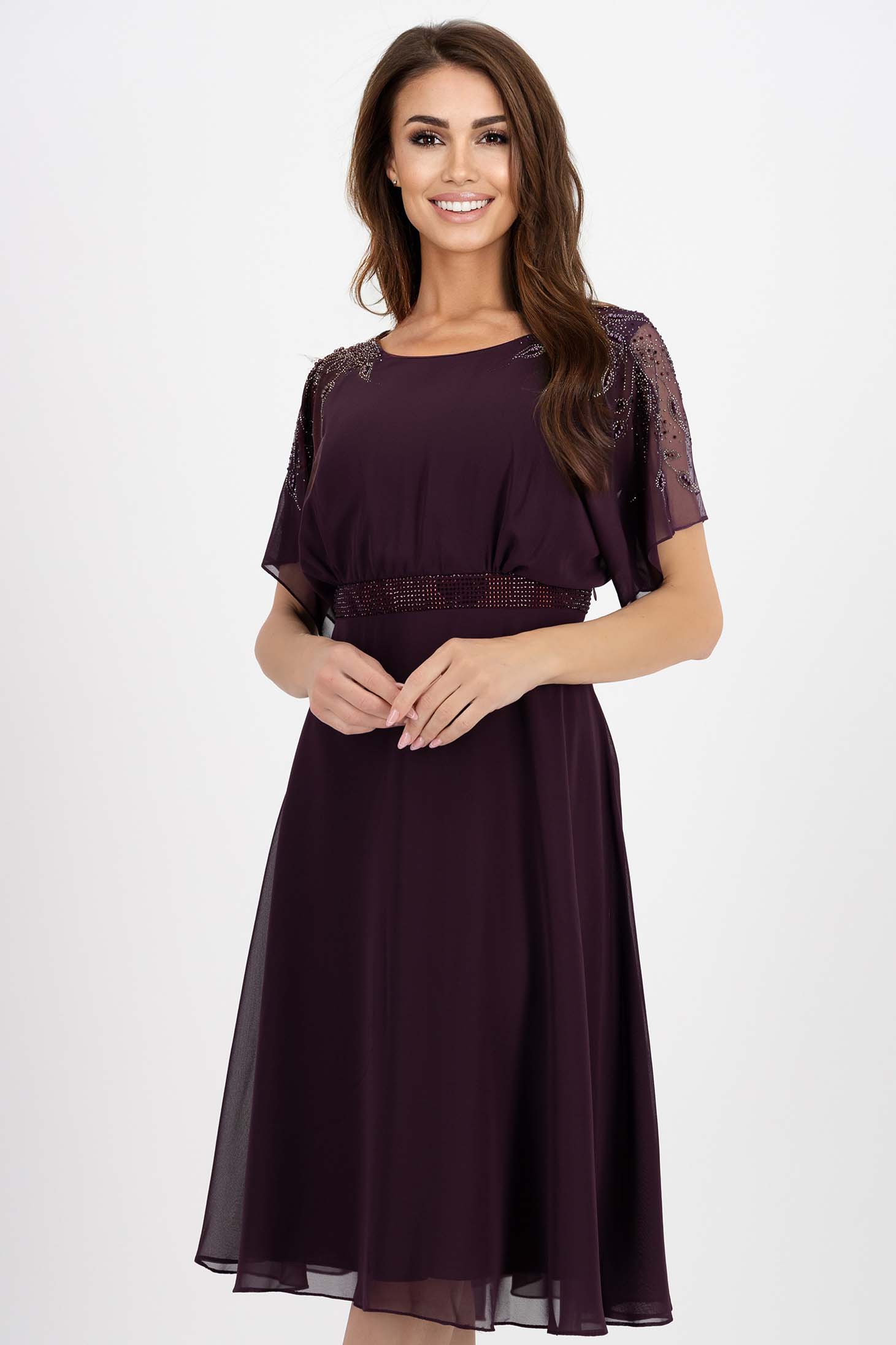 Rochie din voal mov midi in clos cu aplicatii cu pietre strass si maneci cazute 1 - StarShinerS.ro