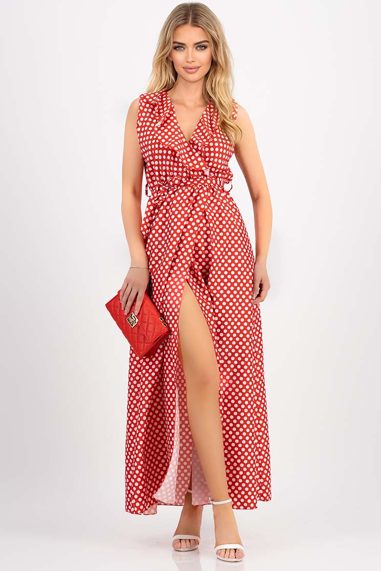 Rochie din material subtire rosie in clos cu elastic in talie si volanase pe linia decolteului 1 - StarShinerS.ro