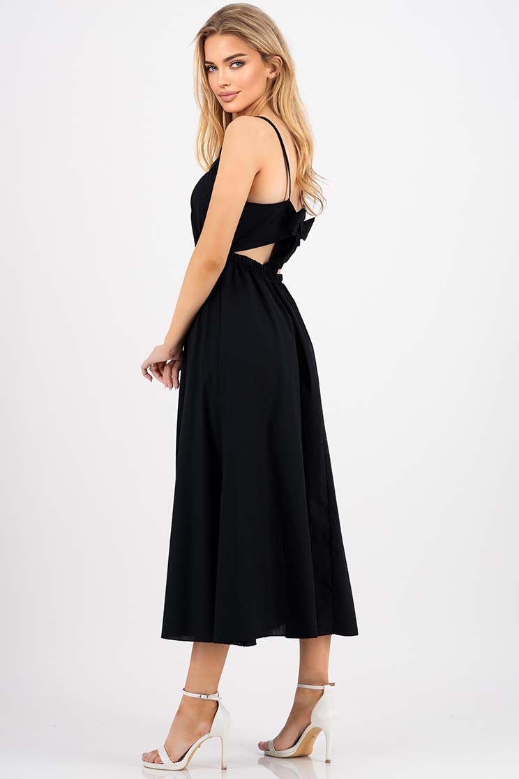 Rochie din poplin neagra midi in clos cu elastic in talie si decupaj la spate 1 - StarShinerS.ro