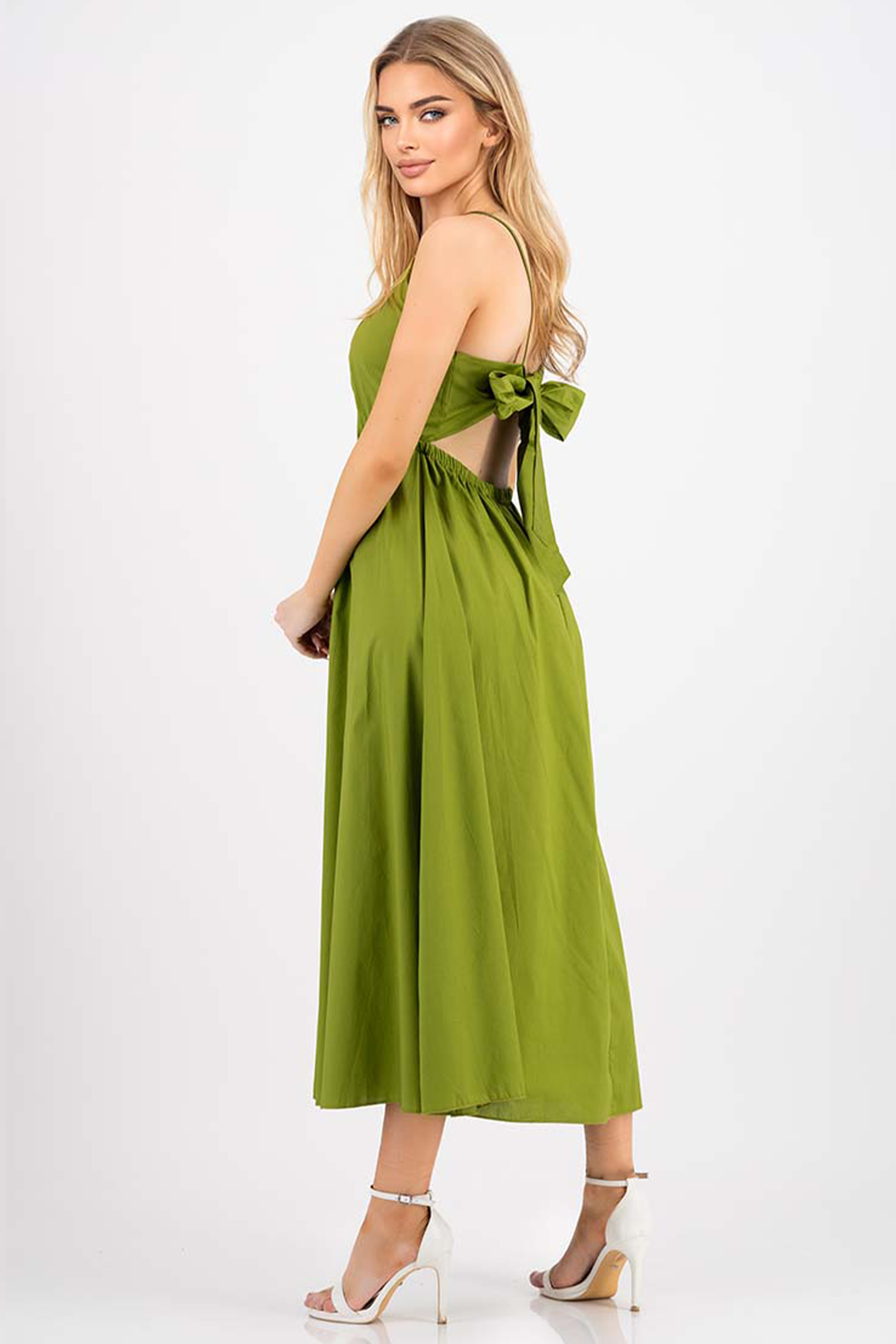 Zöld puplin midi ruha, harang alakú gumirozott derékrésszel 1 - StarShinerS.hu