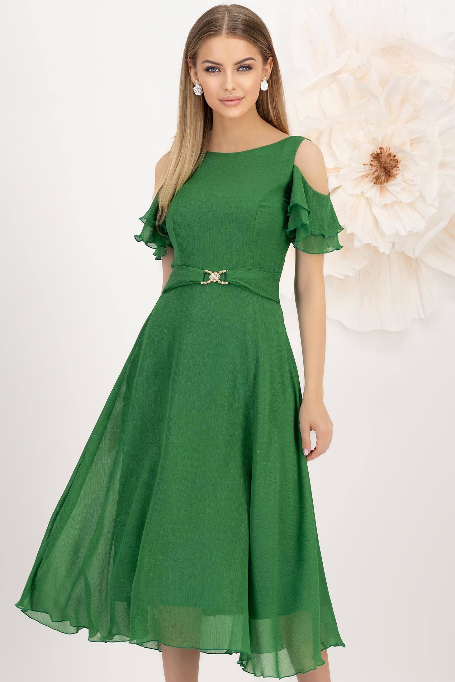 Rochie din voal cu fir lame verde midi in clos - StarShinerS 1 - StarShinerS.ro
