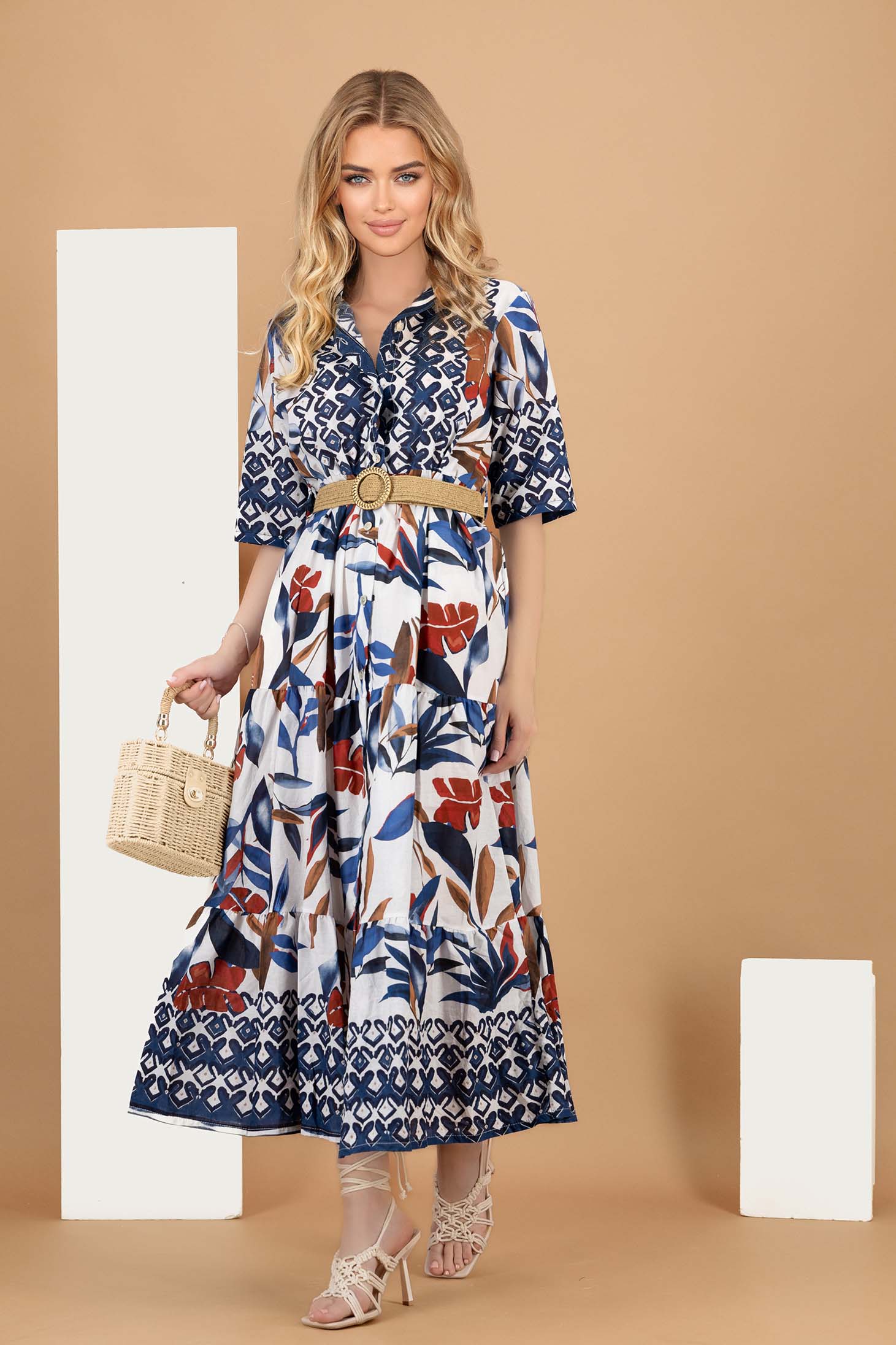 Rochie tip camasa din poplin maxi cu accesoriu tip curea din ratan - SunShine 1 - StarShinerS.ro