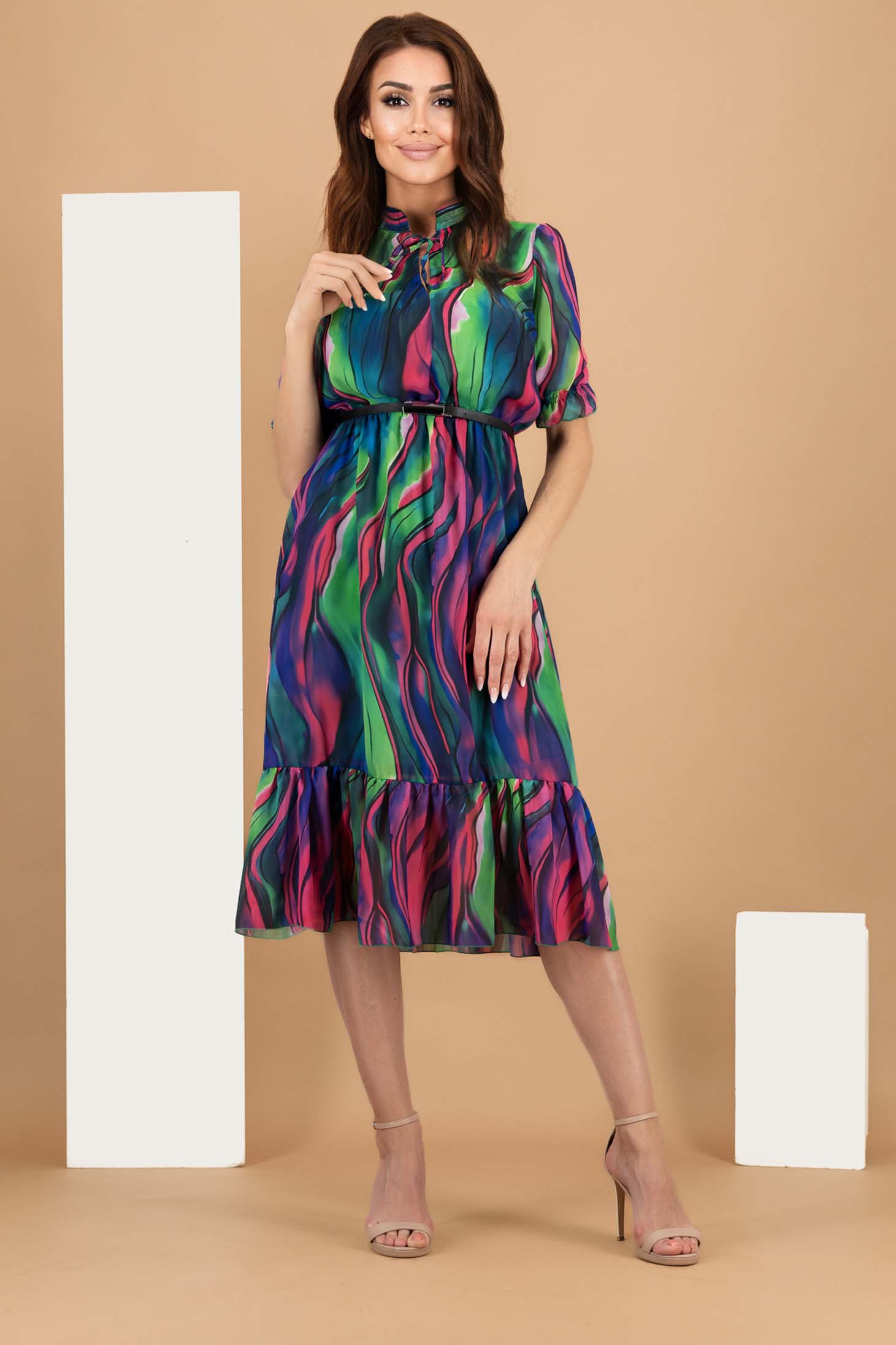 Rochie din voal pana la genunchi in clos cu elastic in talie si accesoriu tip curea 1 - StarShinerS.ro