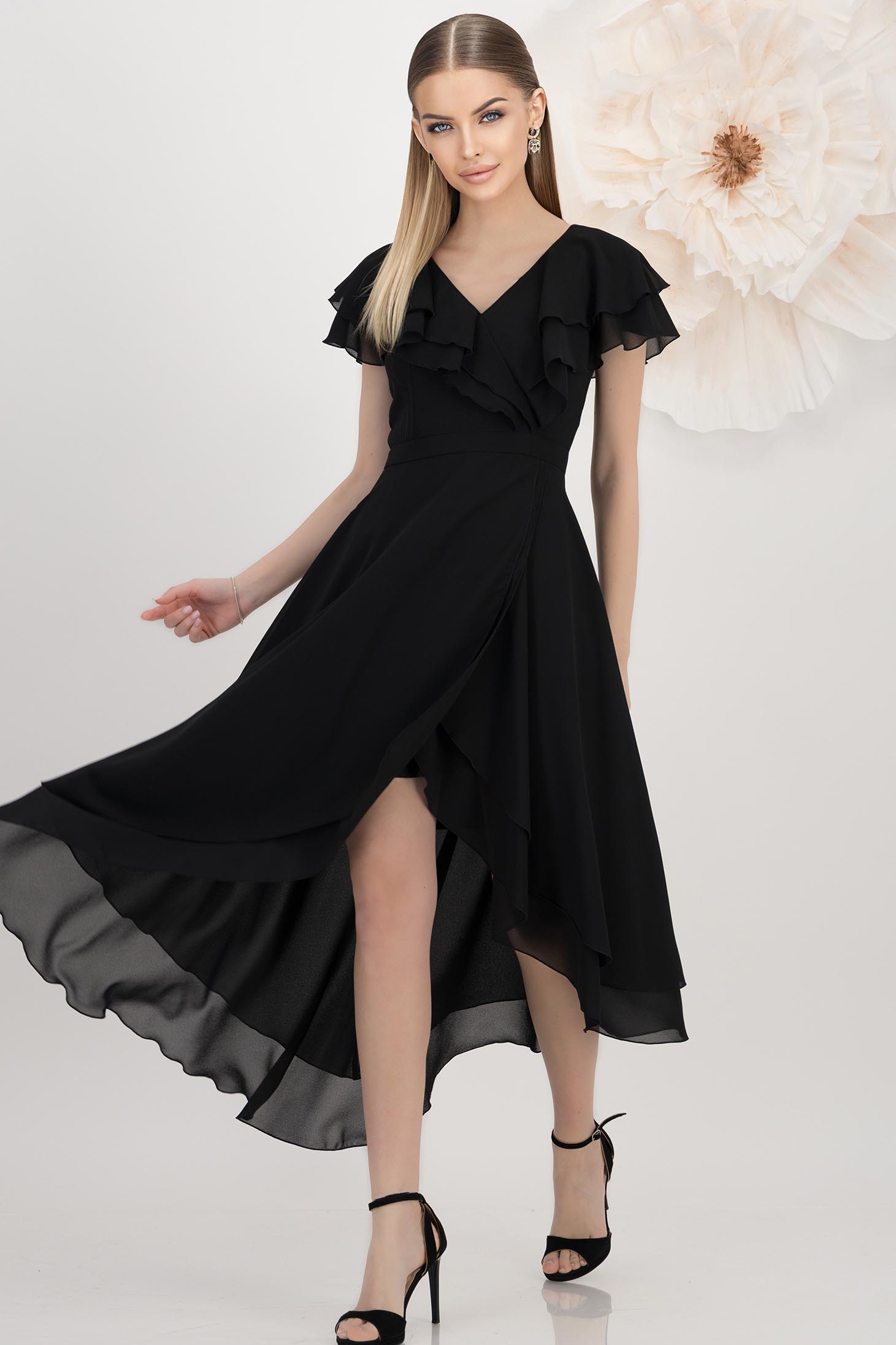 Rochie din voal neagra midi asimetrica in clos cu volanase la maneca - StarShinerS 1 - StarShinerS.ro