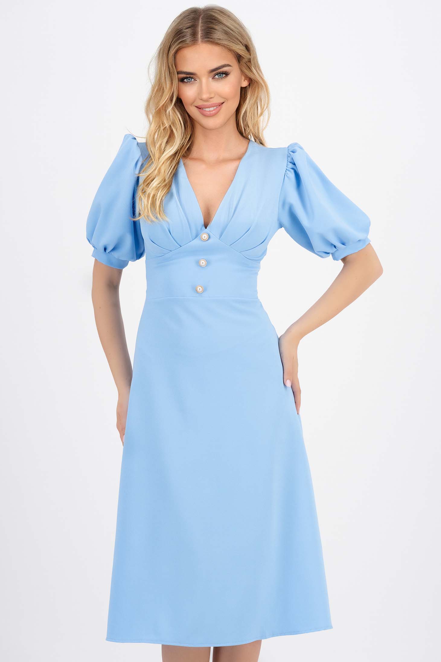 Rochie din bumbac albastru-deschis midi in clos cu decolteu in v si maneci bufante 1 - StarShinerS.ro