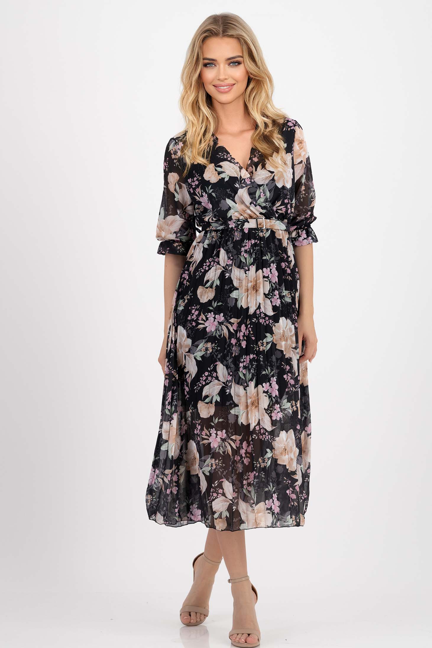 Rochie plisata din voal neagra midi in clos cu elastic in talie si accesoriu tip curea 1 - StarShinerS.ro