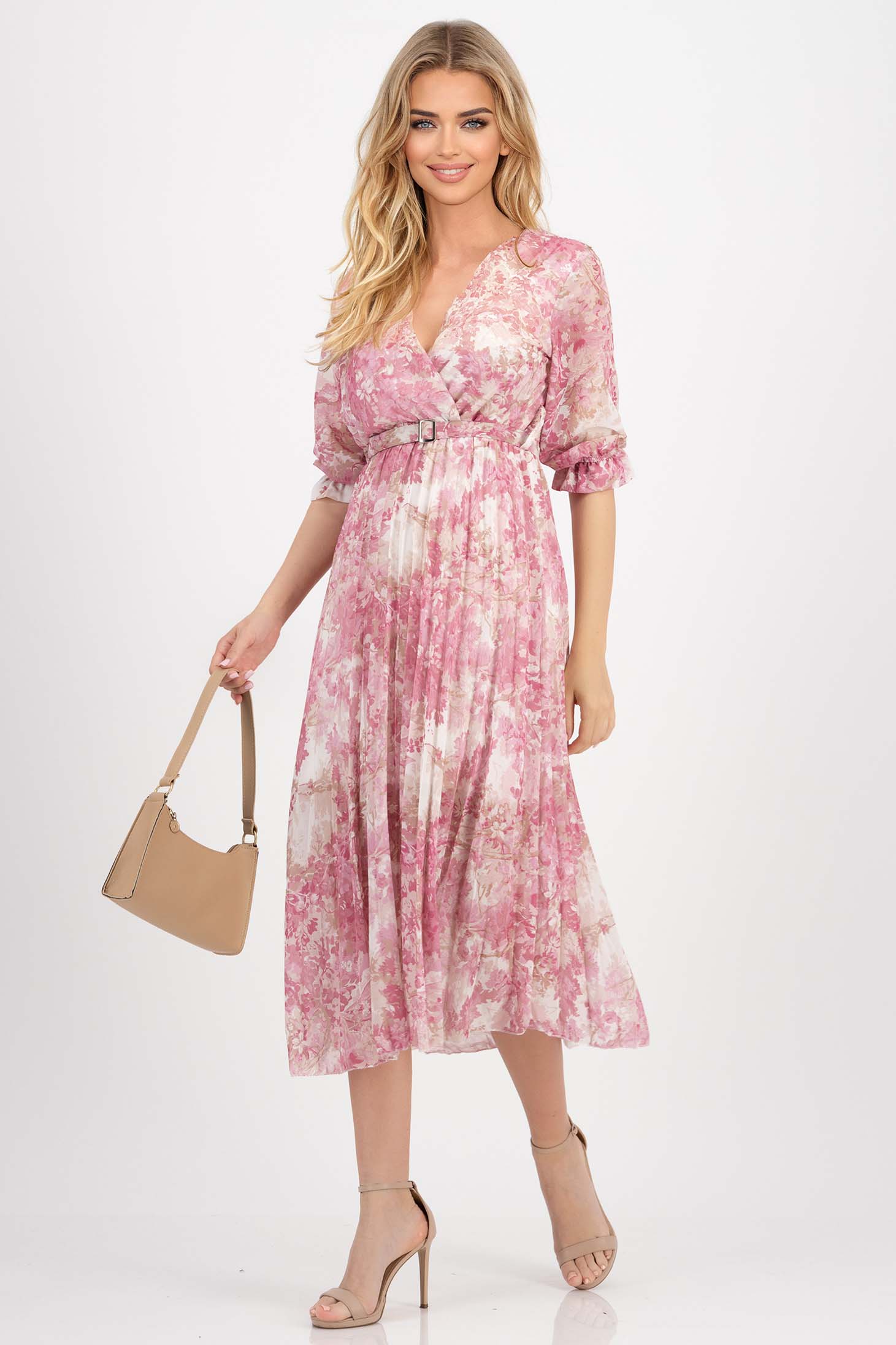 Rochie plisata din voal roz-deschis midi in clos cu elastic in talie si accesoriu tip curea 1 - StarShinerS.ro