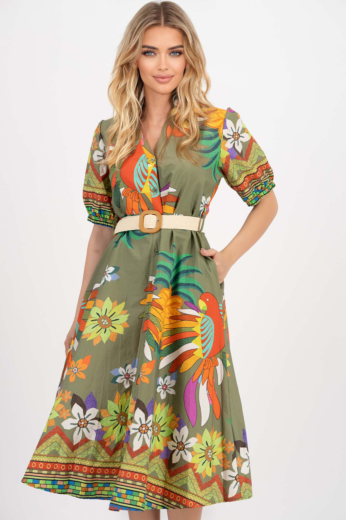 Rochie tip camasa din bumbac kaki in clos cu buzunare laterale 1 - StarShinerS.ro