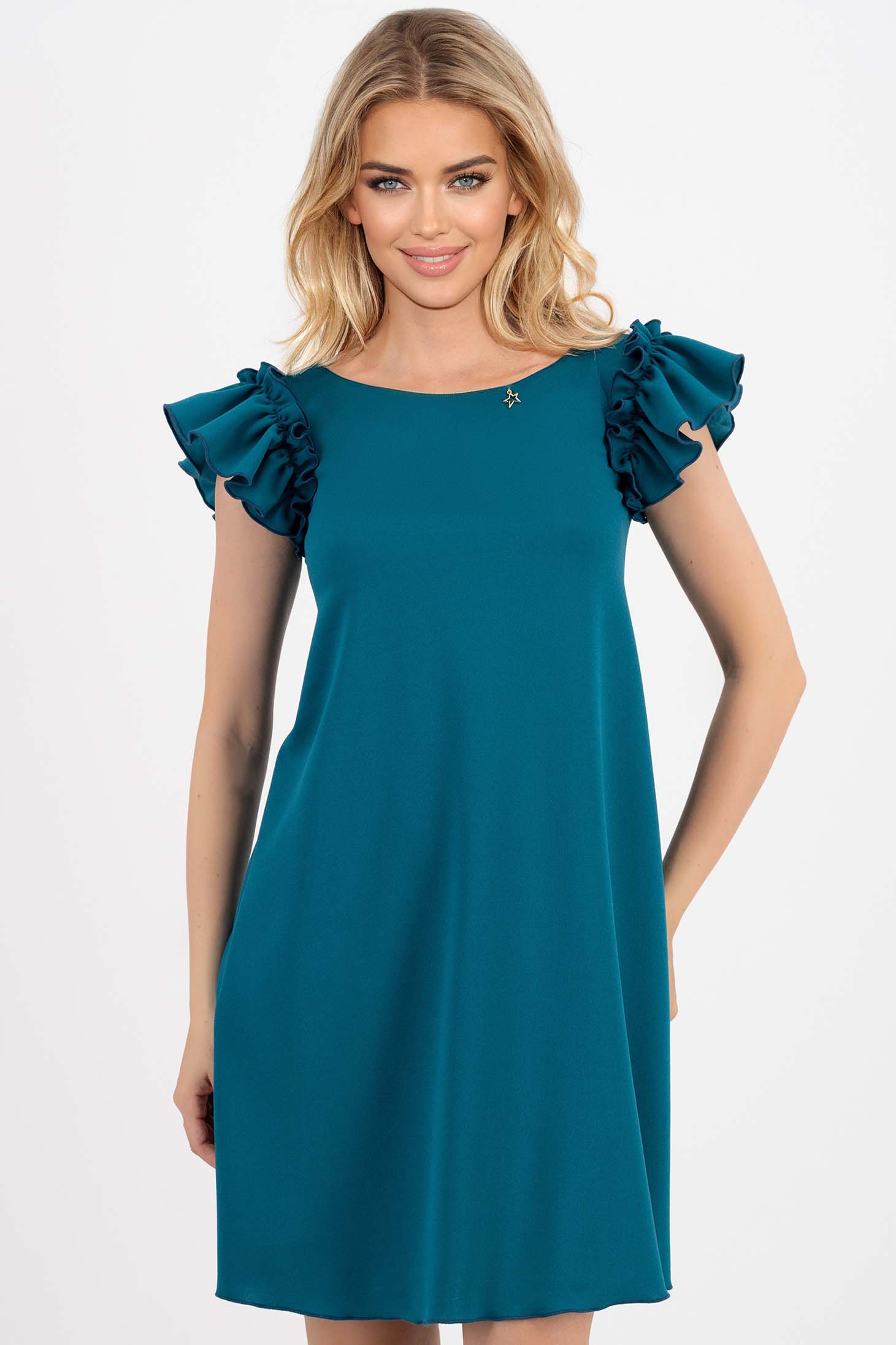 Rochie din crep verde petrol scurta cu croi larg si volanase la maneca - StarShinerS 1 - StarShinerS.ro
