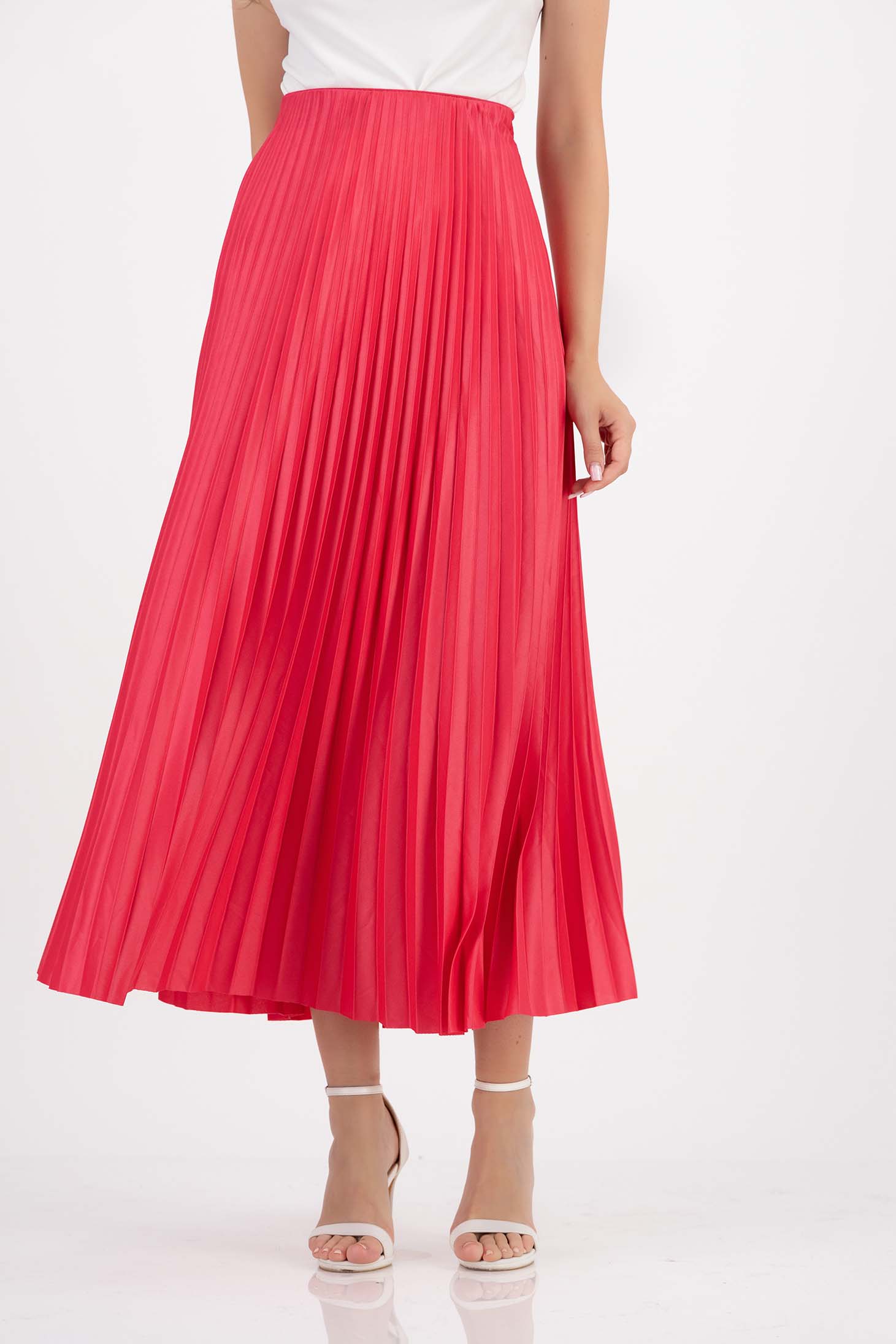 Fusta fuchsia plisata din lycra midi in clos cu elastic in talie 1 - StarShinerS.ro