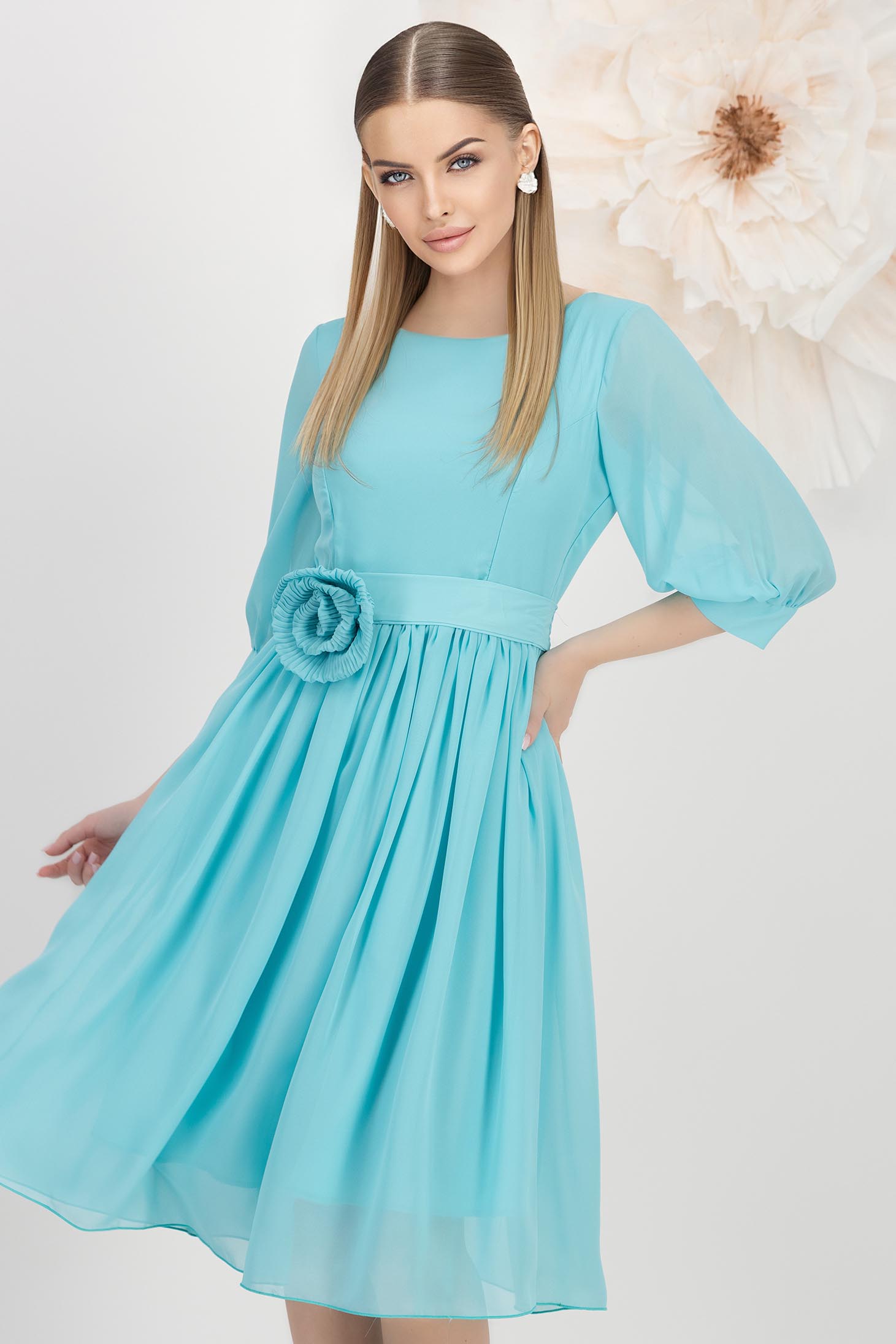 Rochie din voal turcoaz midi in clos cu maneci bufante - StarShinerS 1 - StarShinerS.ro