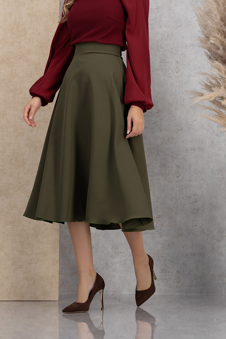 Fusta din stofa elastica kaki midi in clos - StarShinerS 1 - StarShinerS.ro