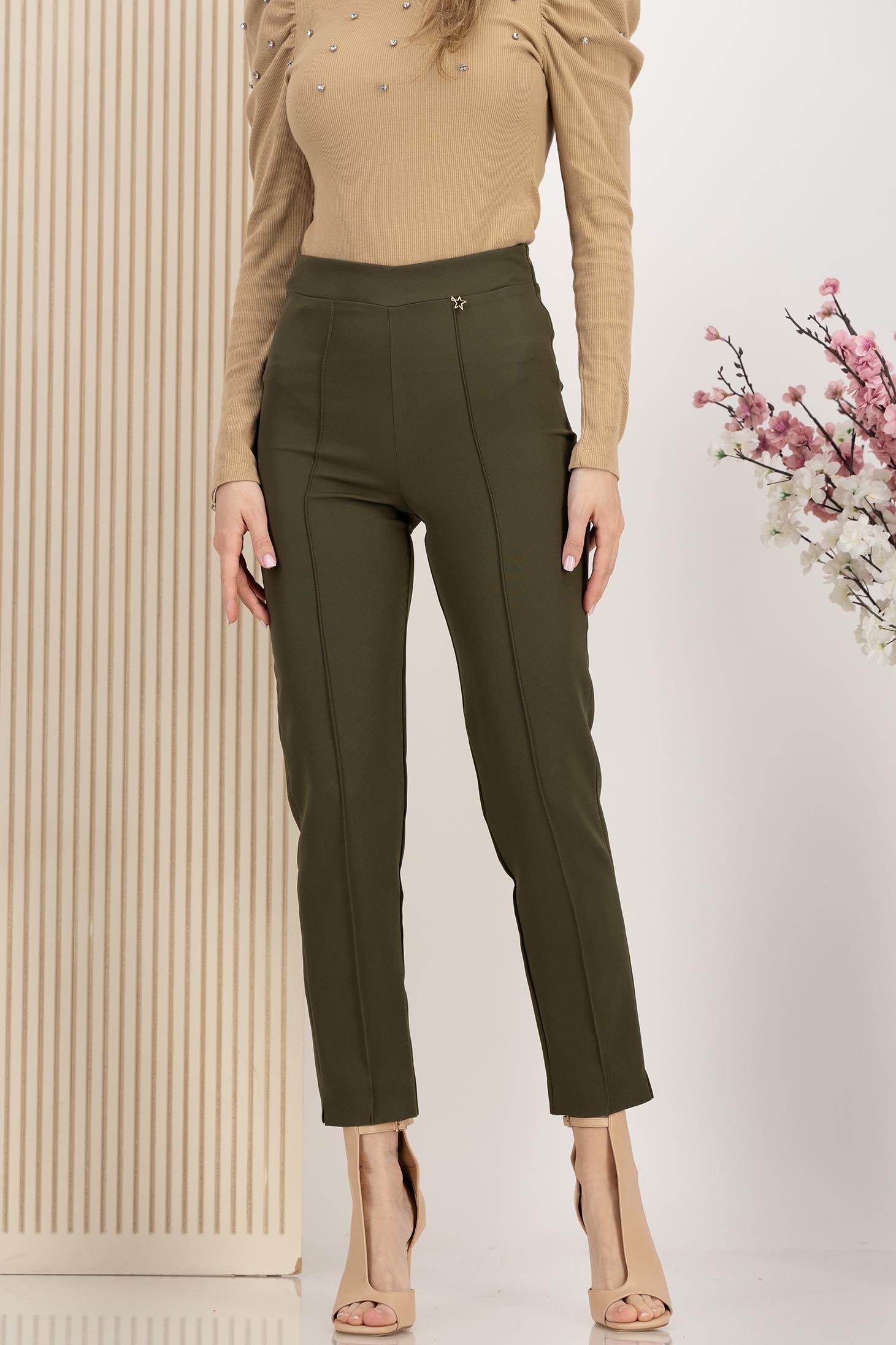 Pantaloni din stofa usor elastica kaki conici cu talie inalta - StarShinerS 1 - StarShinerS.ro