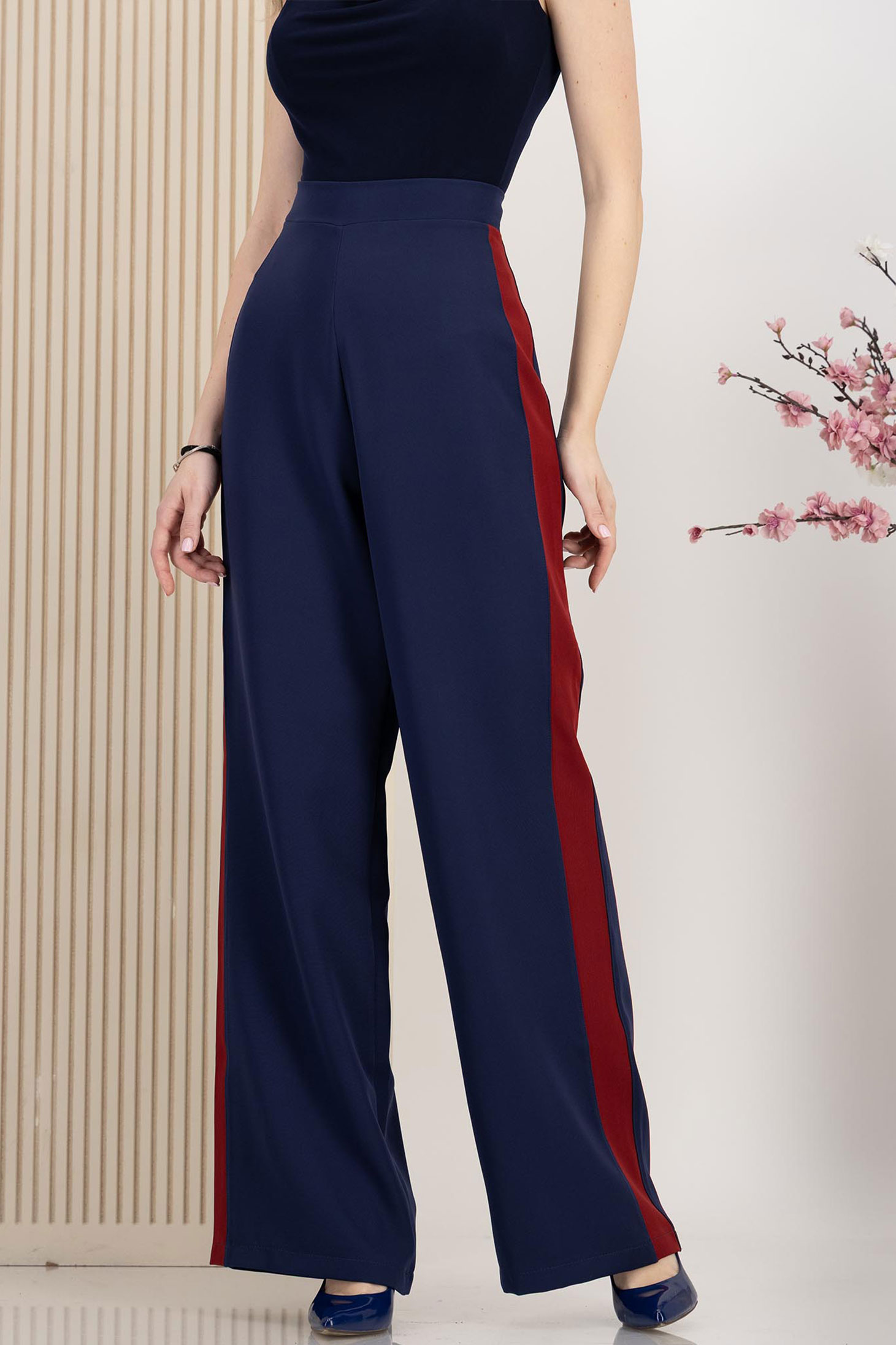 Pantaloni lungi din stofa elastica bleumarin evazati cu talie inalta - StarShinerS 1 - StarShinerS.ro