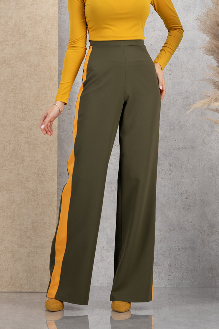 Pantaloni lungi din stofa elastica kaki evazati cu talie inalta - StarShinerS 1 - StarShinerS.ro