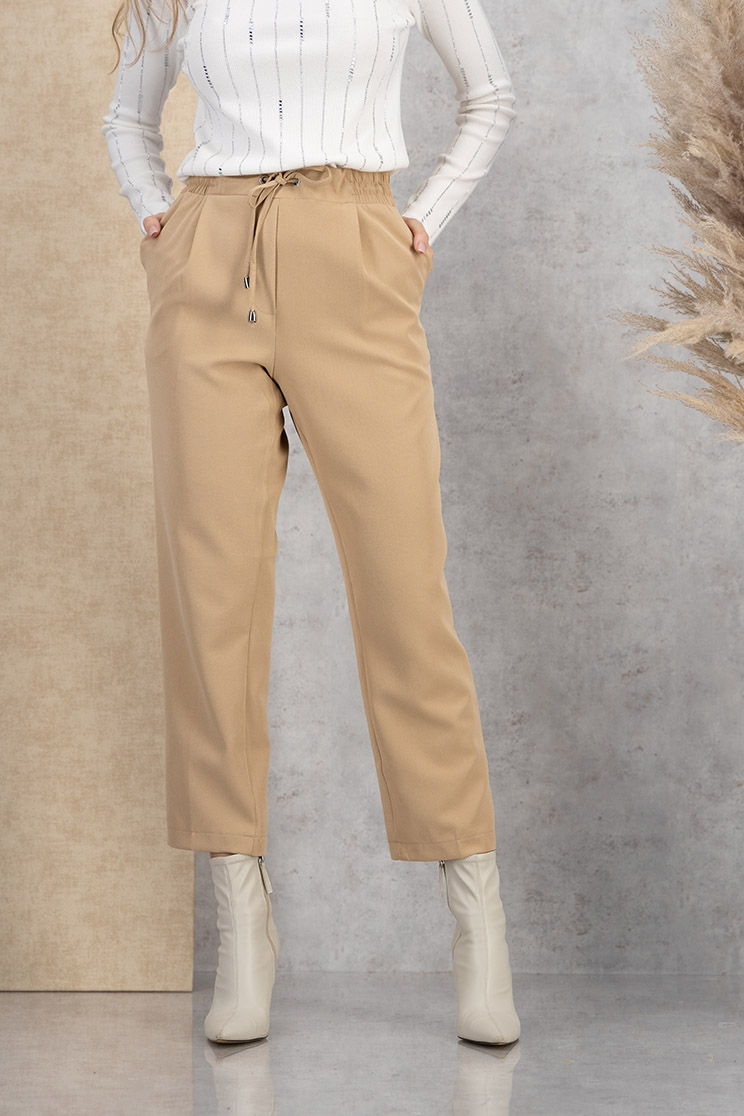 Pantaloni din stofa elastica crem cu un croi drept si elastic in talie cu buzunare laterale 1 - StarShinerS.ro
