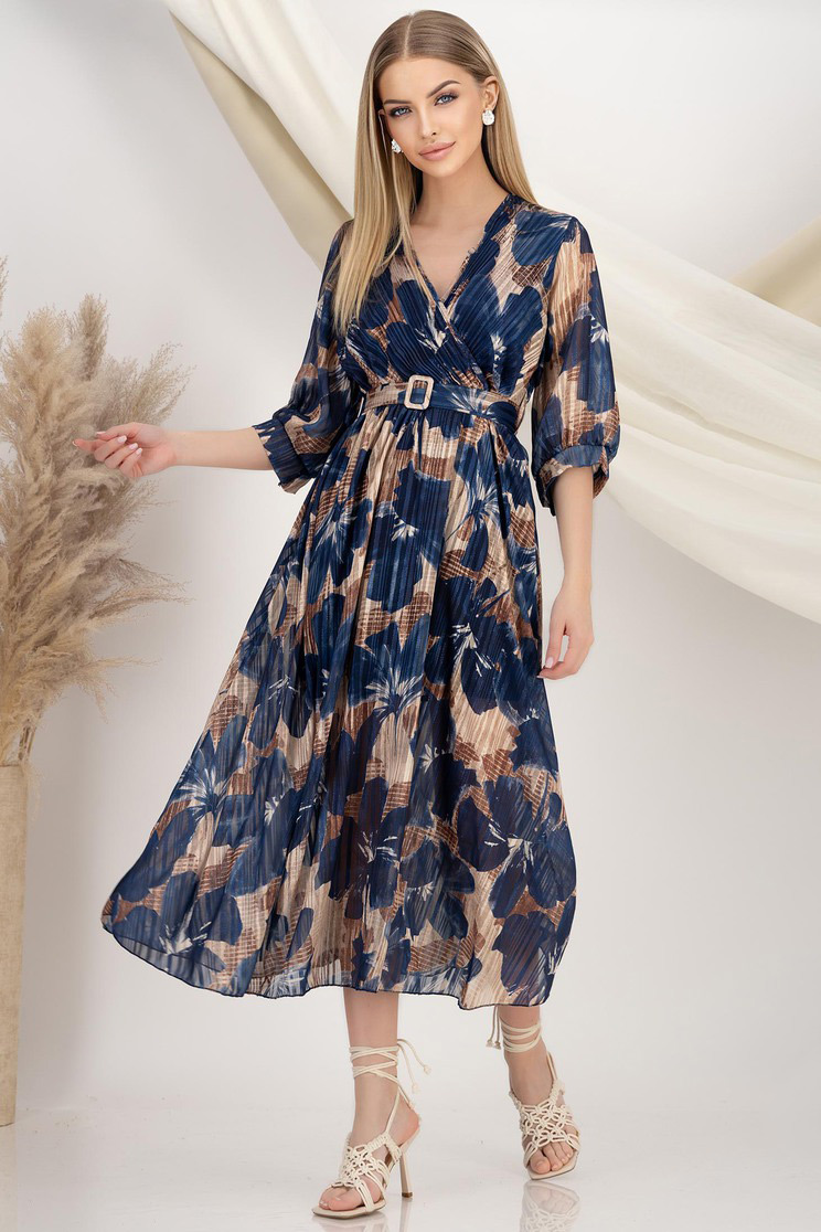 Rochie plisata din voal usor sidefat albastra midi in clos cu elastic in talie 1 - StarShinerS.ro