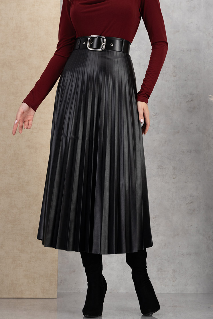 Fusta plisata din piele ecologica neagra midi in clos cu accesoriu tip curea 1 - StarShinerS.ro