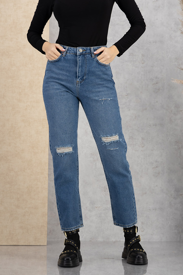 Blugi lungi Mom Fit albastri cu talie inalta si mici rupturi de material 1 - StarShinerS.ro