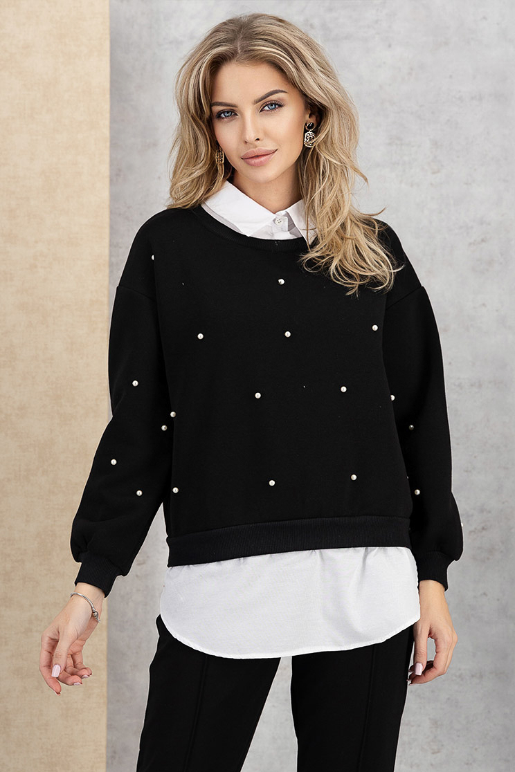 Bluza dama din bumbac vatuit neagra cu croi larg si aplicatii cu perle 1 - StarShinerS.ro