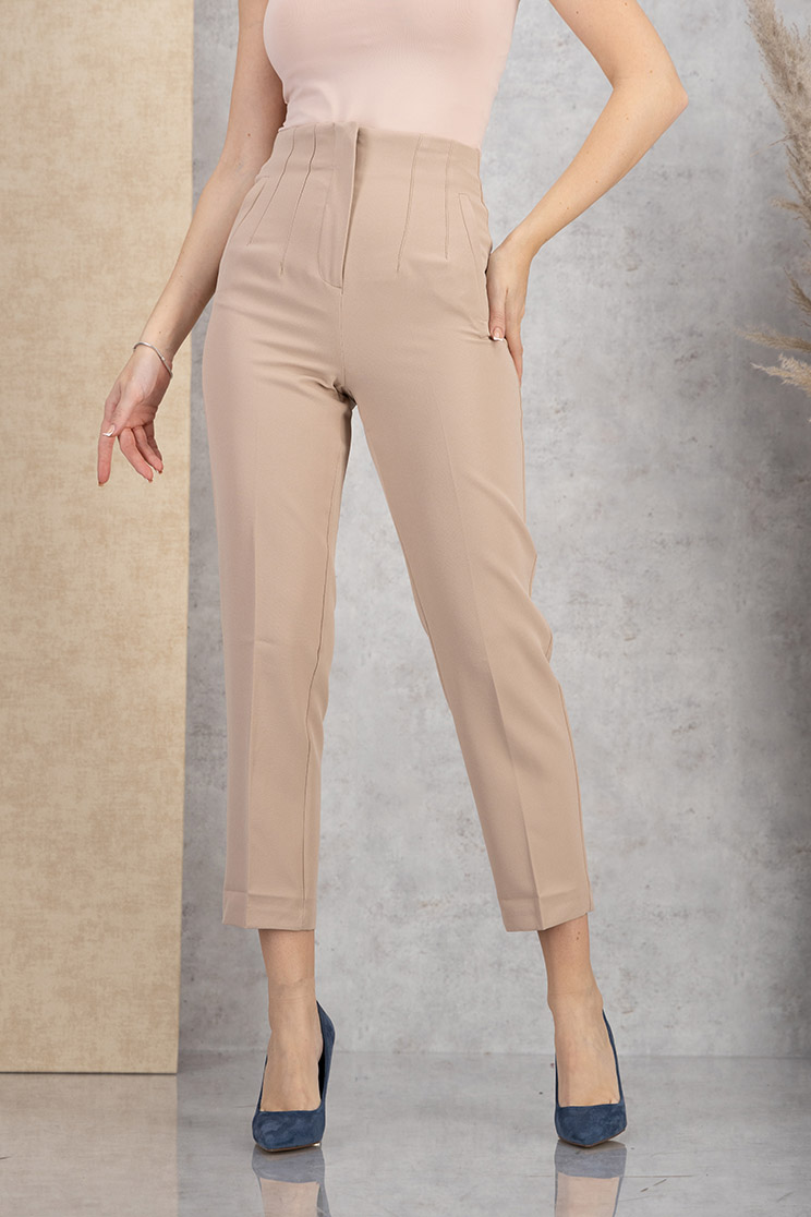 Pantaloni din stofa elastica crem conici cu talie inalta si buzunare false 1 - StarShinerS.ro