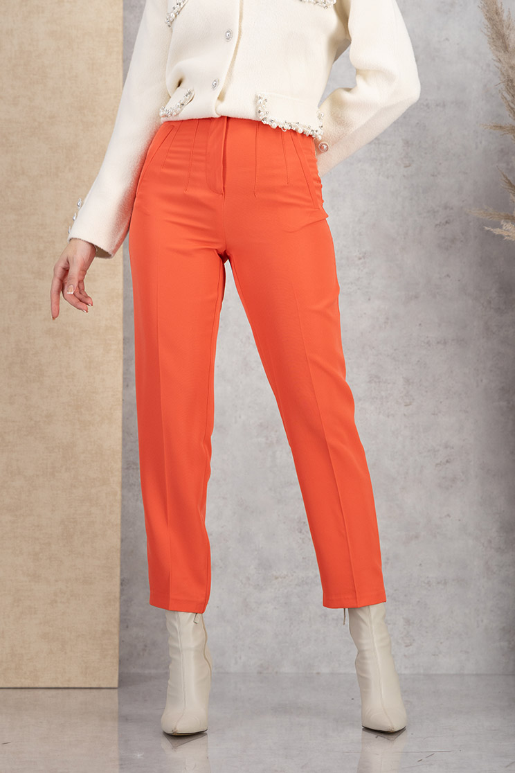 Pantaloni din stofa elastica corai conici cu talie inalta si buzunare false 1 - StarShinerS.ro
