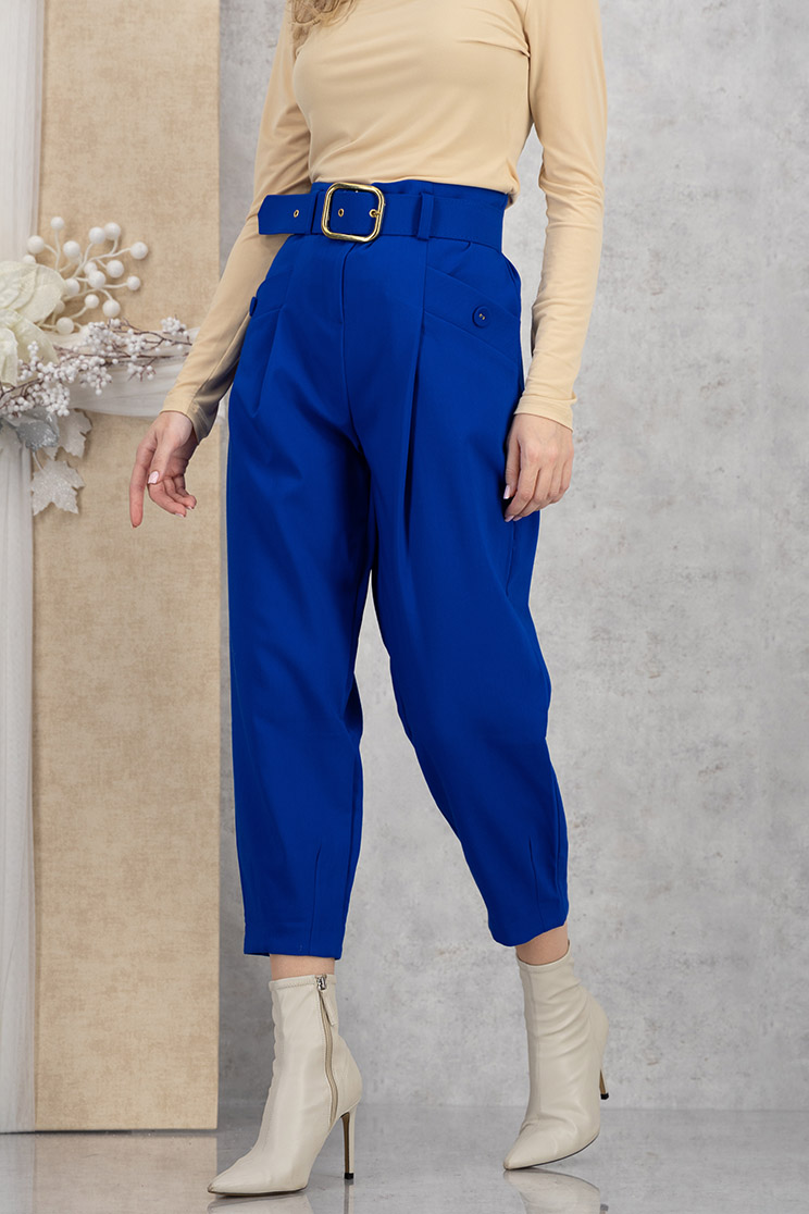 Pantaloni din bumbac albastri cu buzunare frontale si accesoriu tip curea 1 - StarShinerS.ro