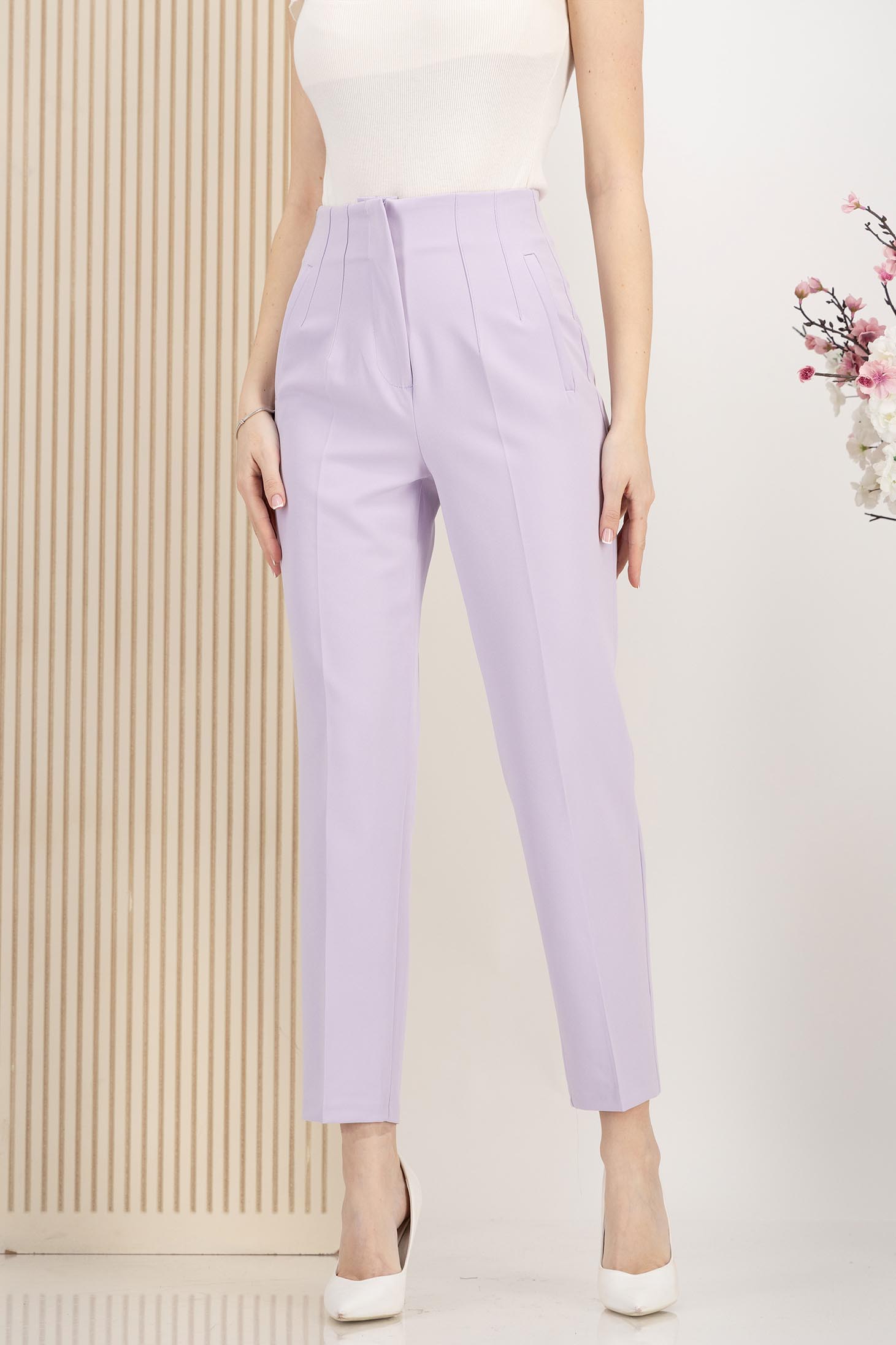 Pantaloni din stofa elastica lila conici cu talie inalta si buzunare false 1 - StarShinerS.ro
