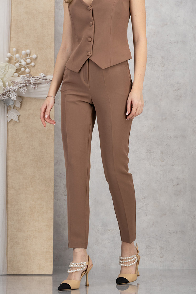 Pantaloni din stofa elastica bej conici cu talie inalta si buzunare laterale 1 - StarShinerS.ro
