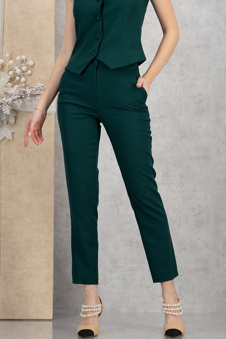 Pantaloni din stofa elastica verde-inchis conici cu talie inalta si buzunare laterale 1 - StarShinerS.ro