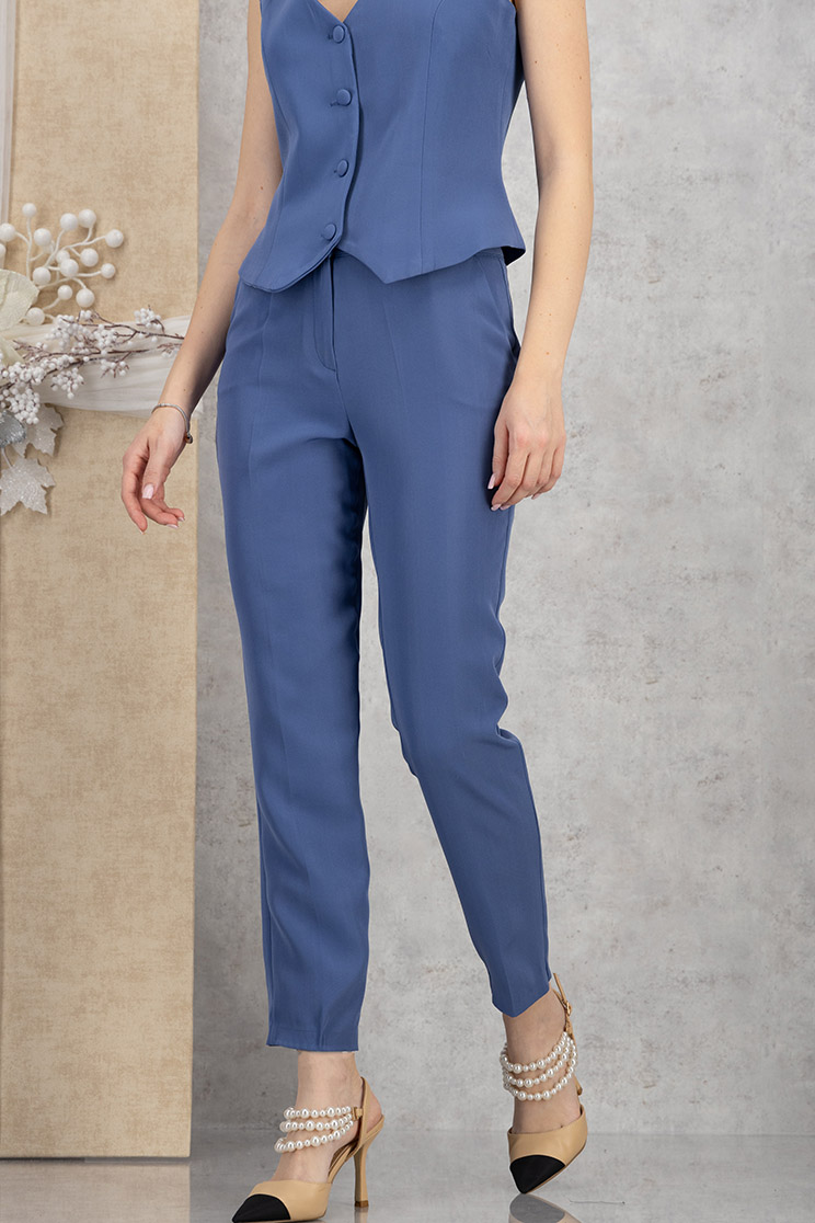 Pantaloni din stofa elastica albastri conici cu talie inalta si buzunare laterale 1 - StarShinerS.ro