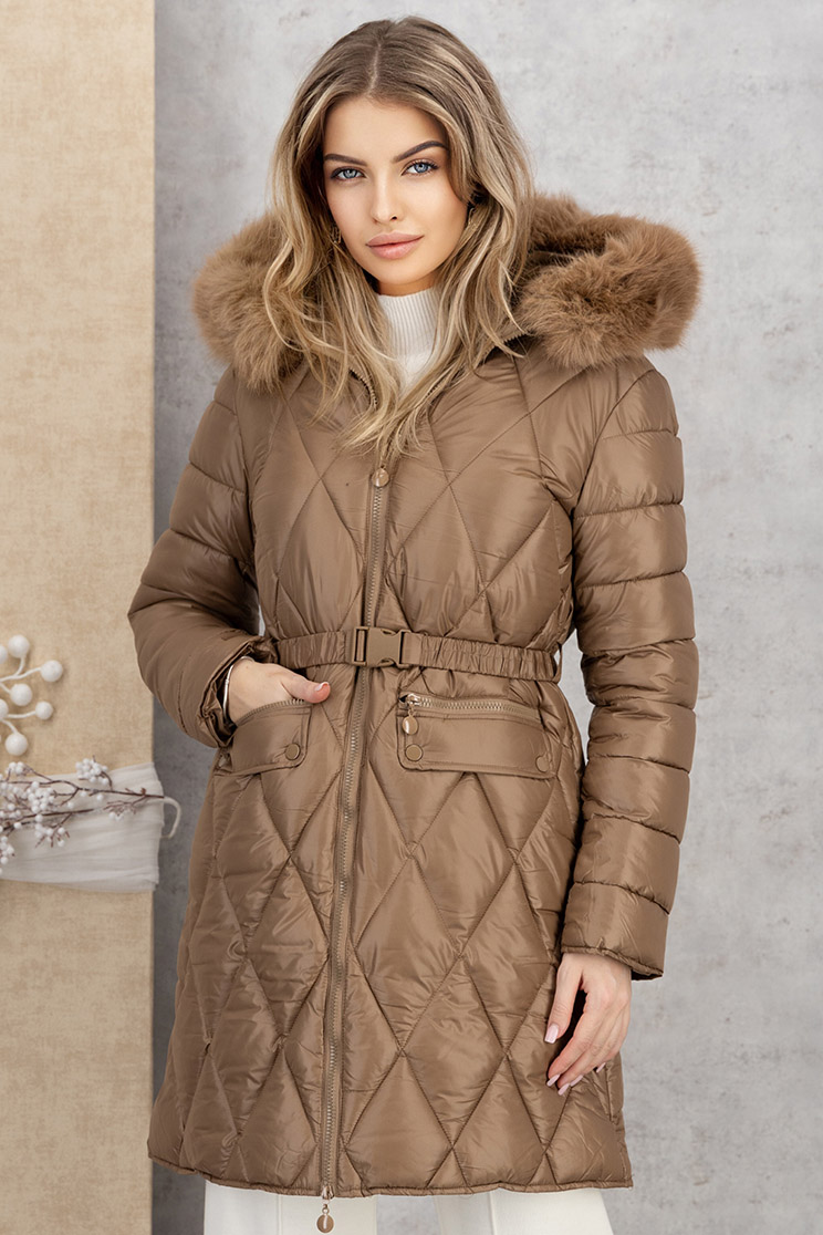 Barna testhezálló steppelt dzseki, levehető műszőrme betéttel a kapucninál 1 - StarShinerS.hu