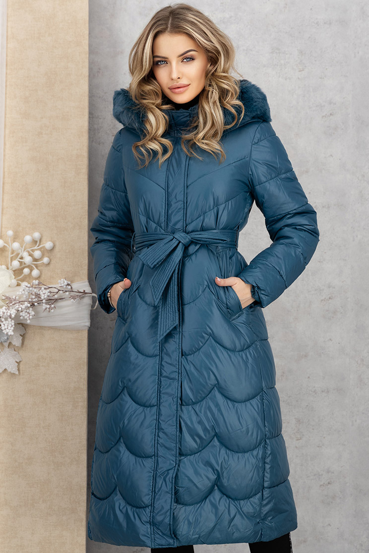 Geaca groasa din fas verde petrol lunga cambrata cu gluga si insertie de blana ecologica detasabile 1 - StarShinerS.ro