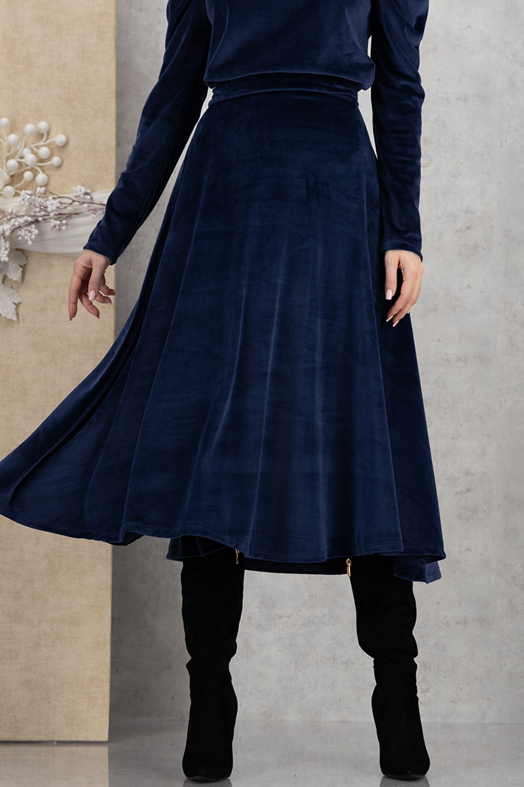 Fusta din catifea bleumarin midi in clos 1 - StarShinerS.ro