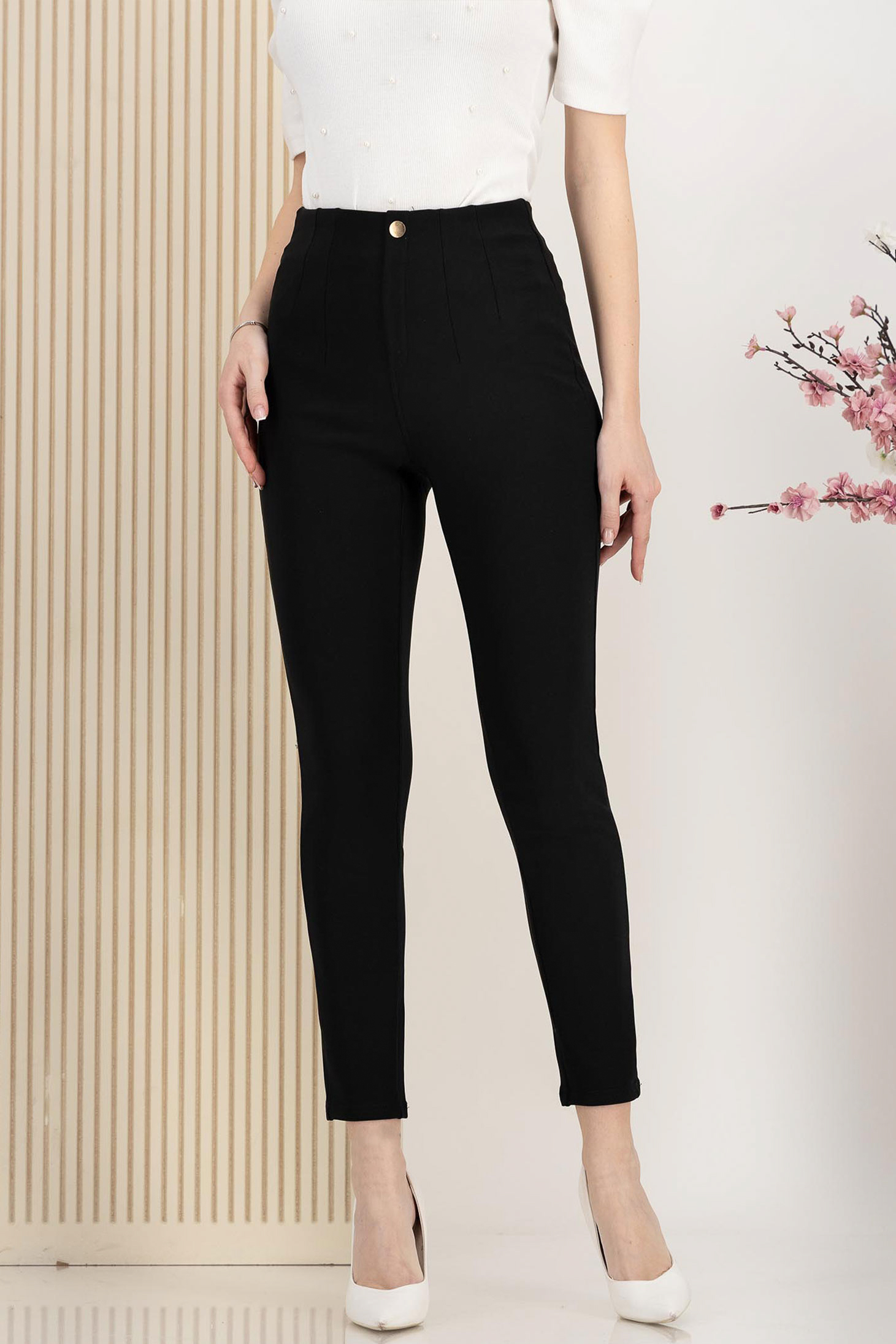 Pantaloni lungi din bumbac negri conici cu talie inalta 1 - StarShinerS.ro