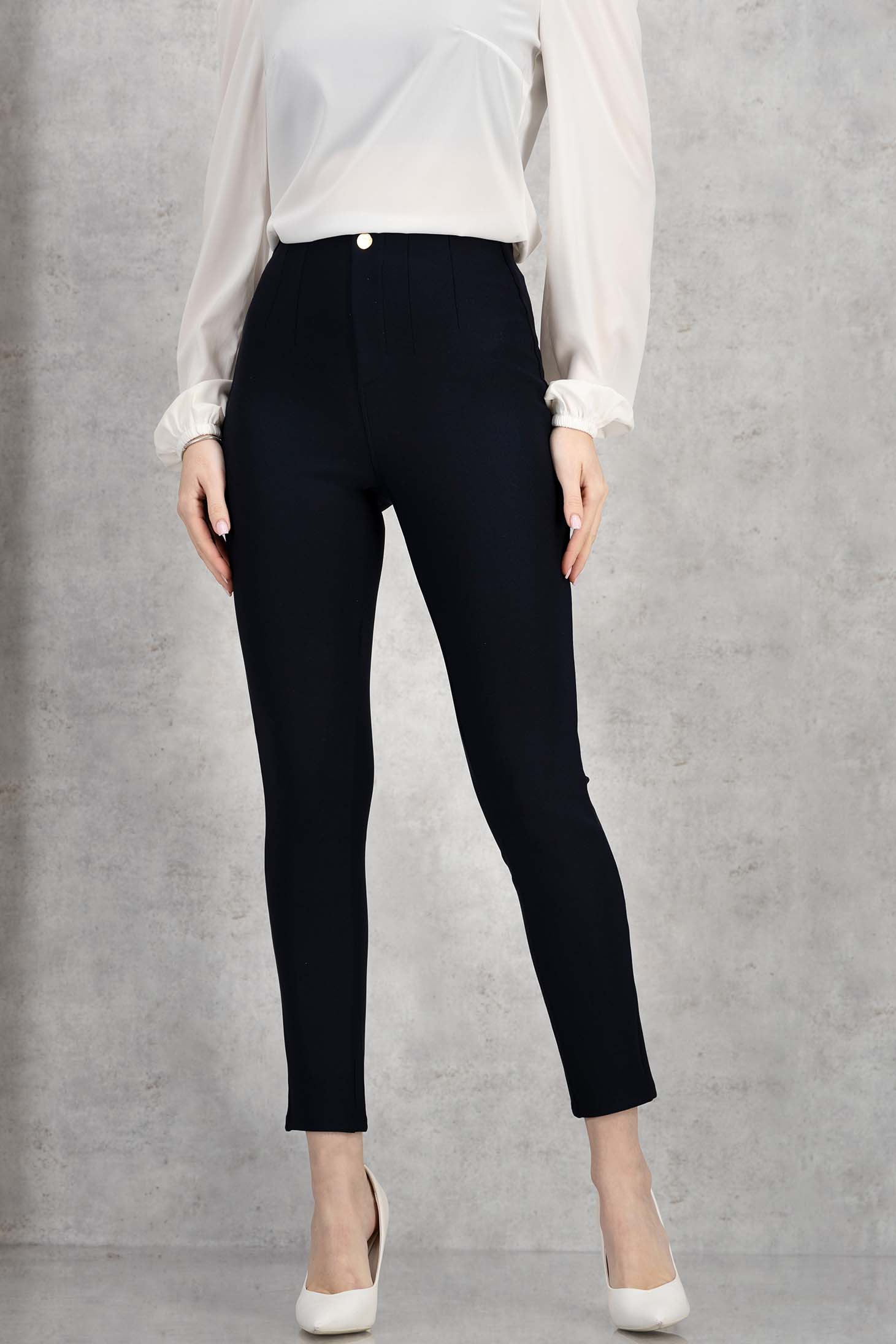 Pantaloni lungi din bumbac bleumarin conici cu talie inalta 1 - StarShinerS.ro