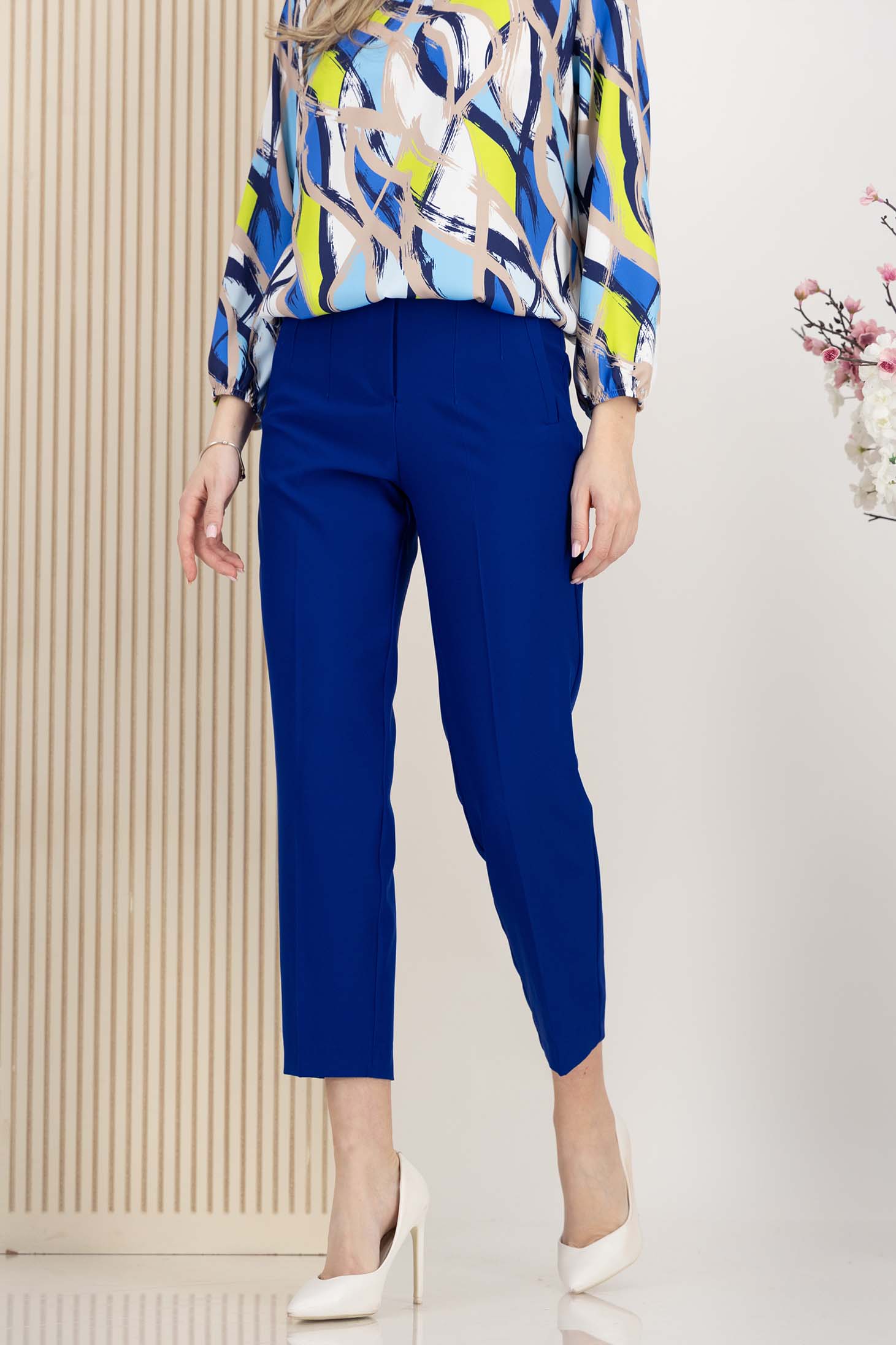 Pantaloni din stofa elastica albastri conici cu talie inalta si buzunare false 1 - StarShinerS.ro