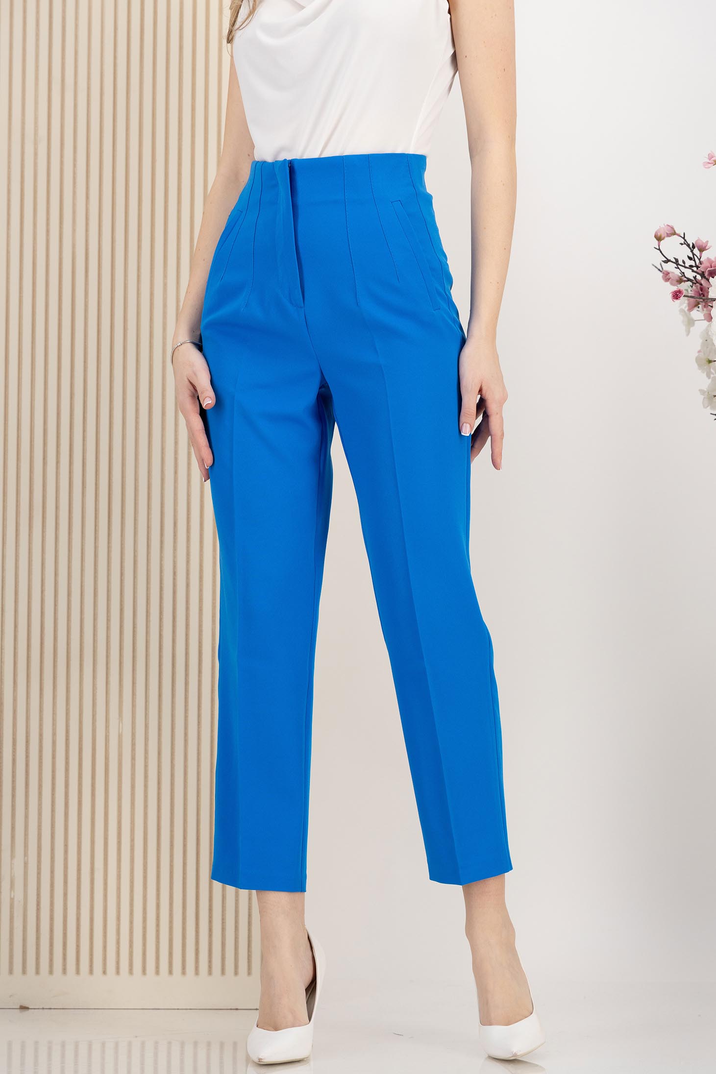 Pantaloni din stofa elastica albastri conici cu talie inalta si buzunare false 1 - StarShinerS.ro