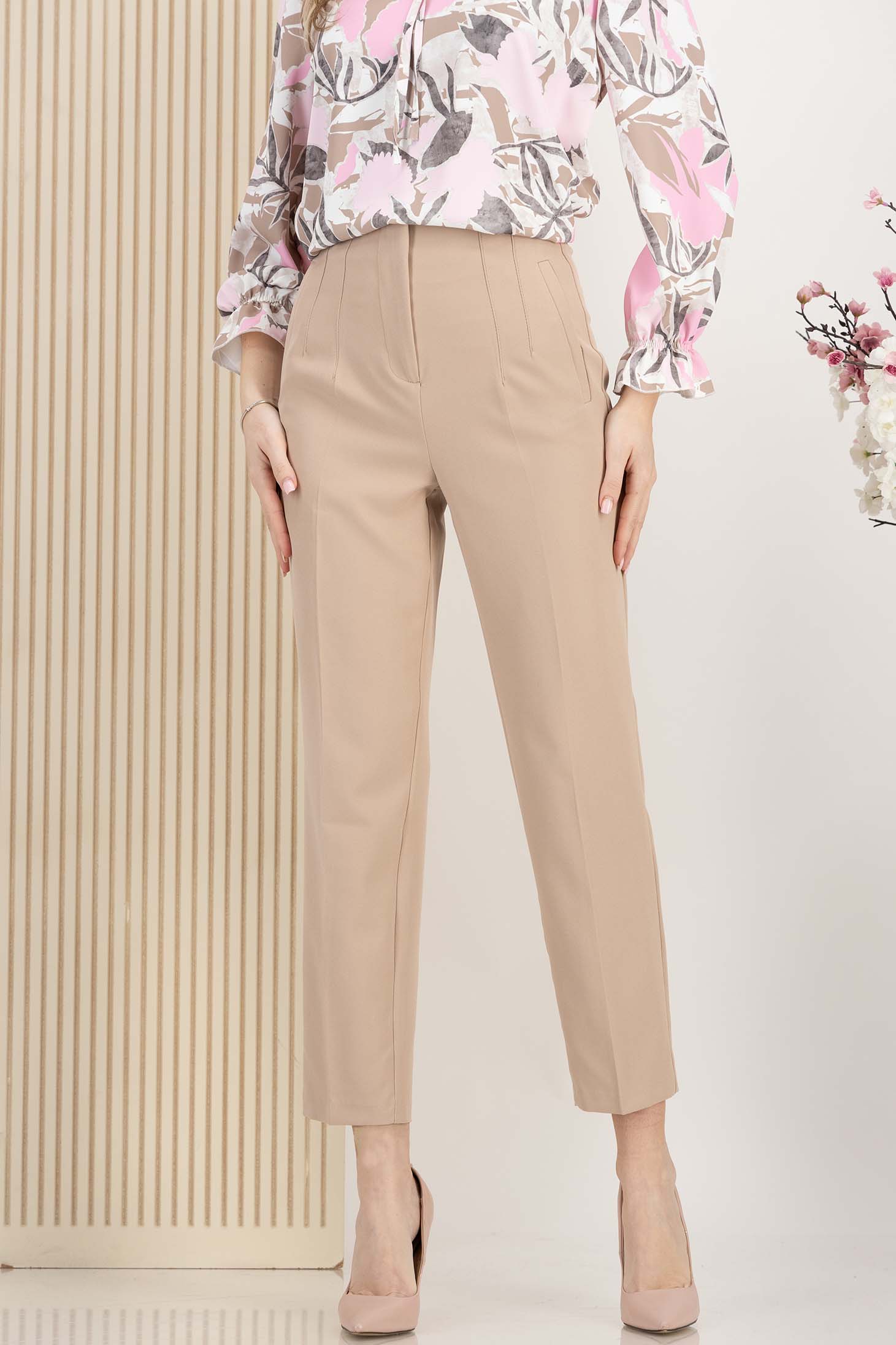 Pantaloni din stofa elastica bej conici cu talie inalta si buzunare false 1 - StarShinerS.ro